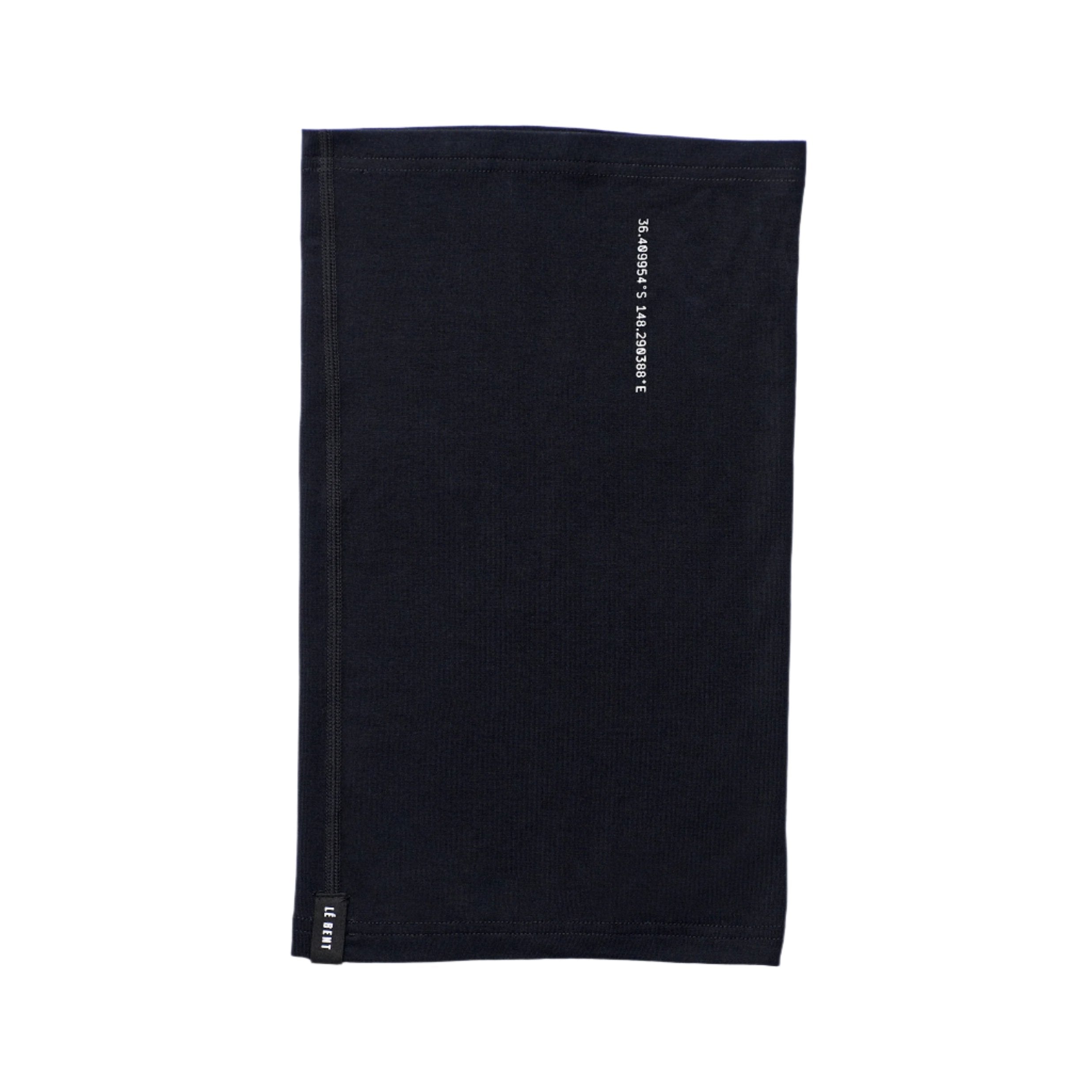 LeBent Core Lightweight Neck Gaiter all black with small white coordinates, square/tube shape.