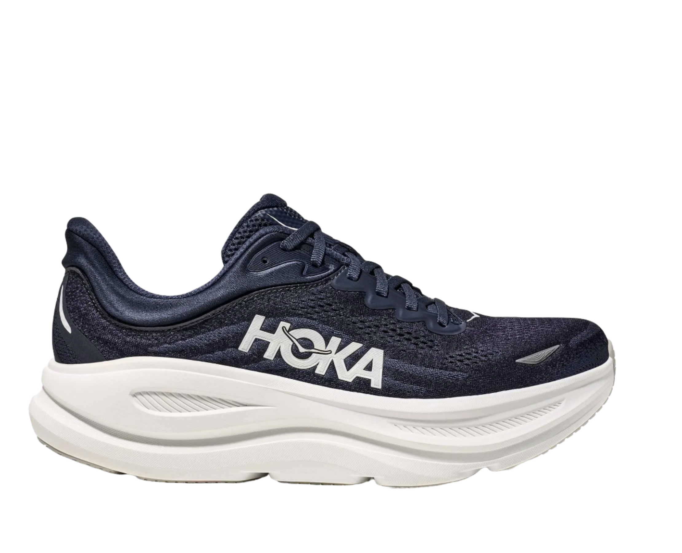Navy blue shoe with HOKA written in white, and a thick white sole.