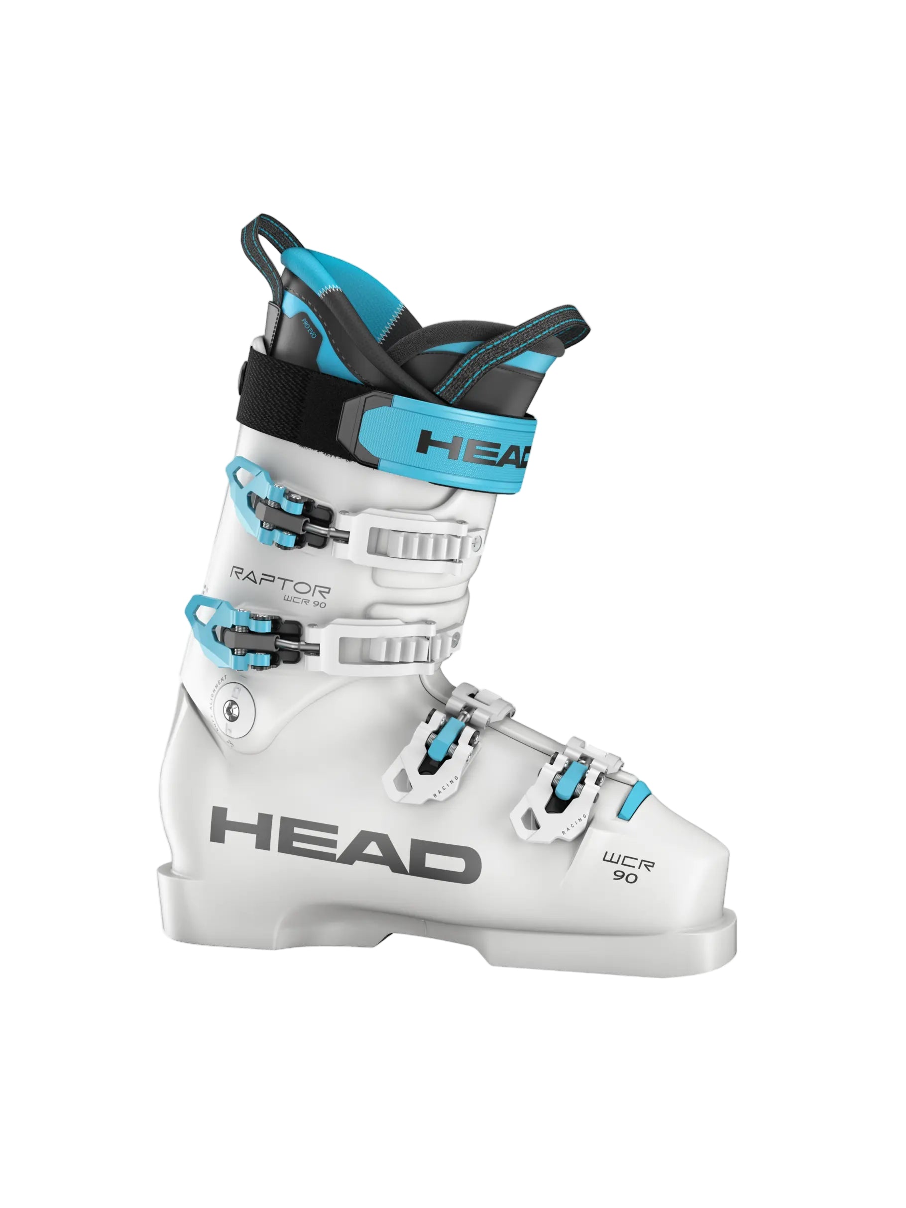 White ski boot with blue accents and 'HEAD' branding on a white background.