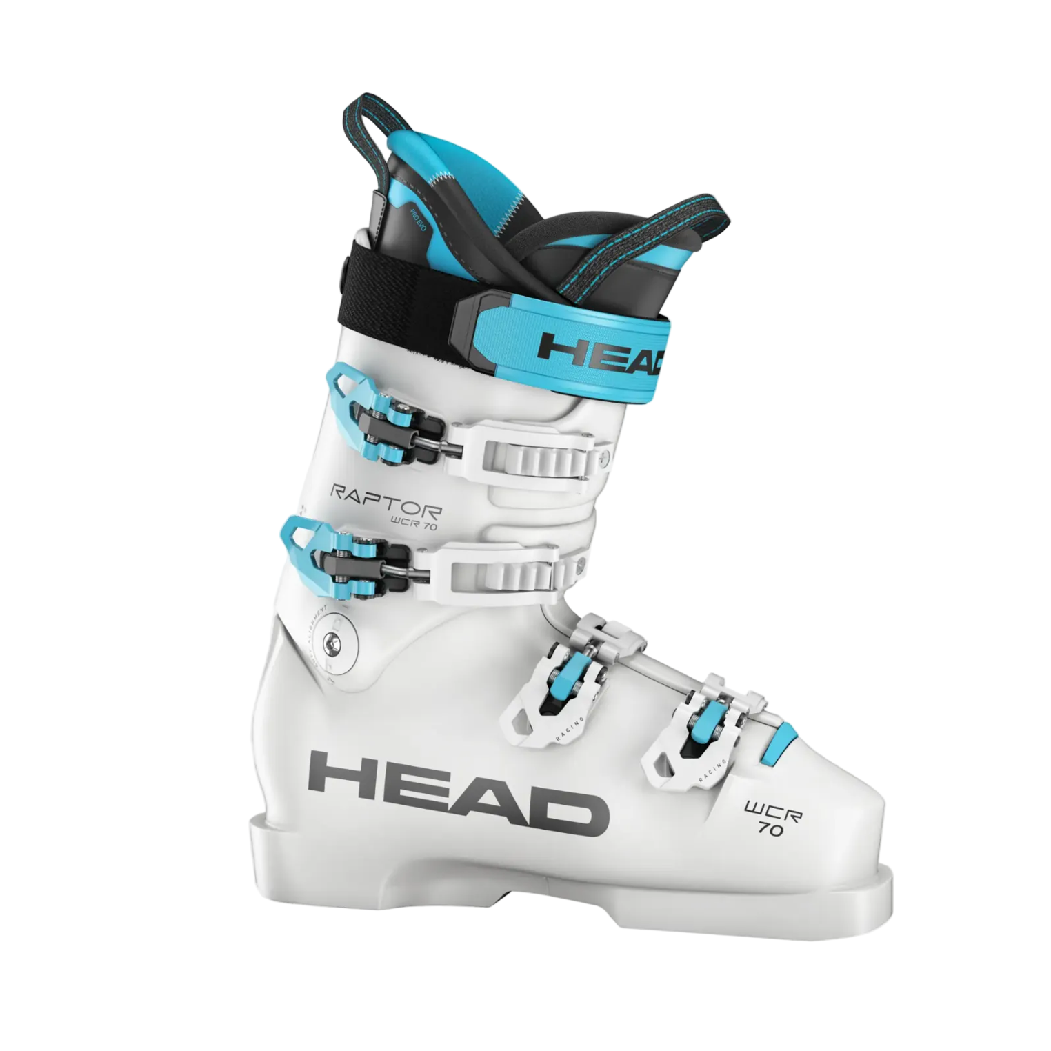 Thie junior ski boot from head is mostly all white and has a solid sole for ski racers.