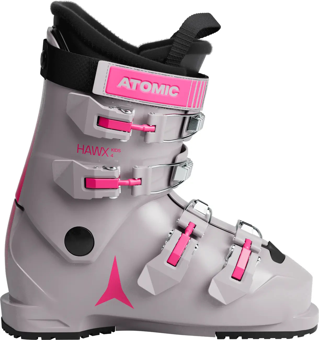 Gray and pink Atomic ski boot on a white background