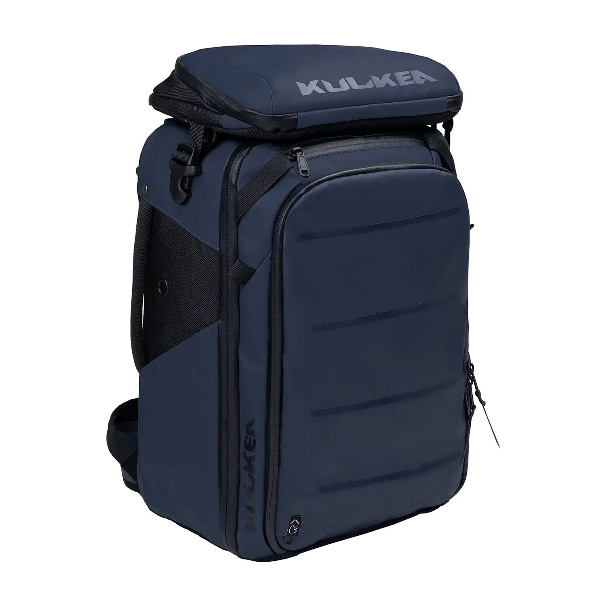 Navy blue backpack with 'Kulkea' branding on a white background