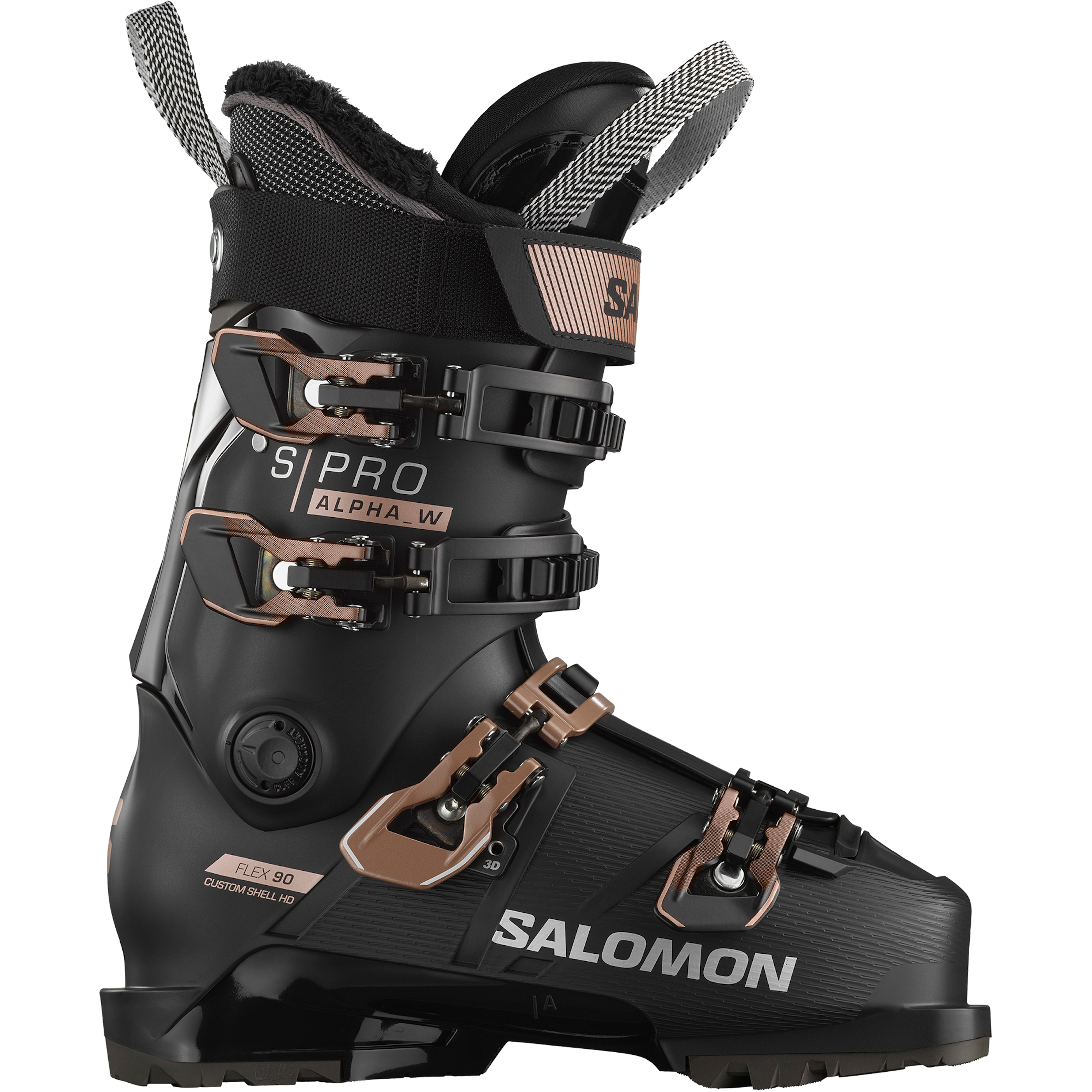 Women's Salomon S/PRO Alpha 90 ski boot, all black with gold buckles and accents.