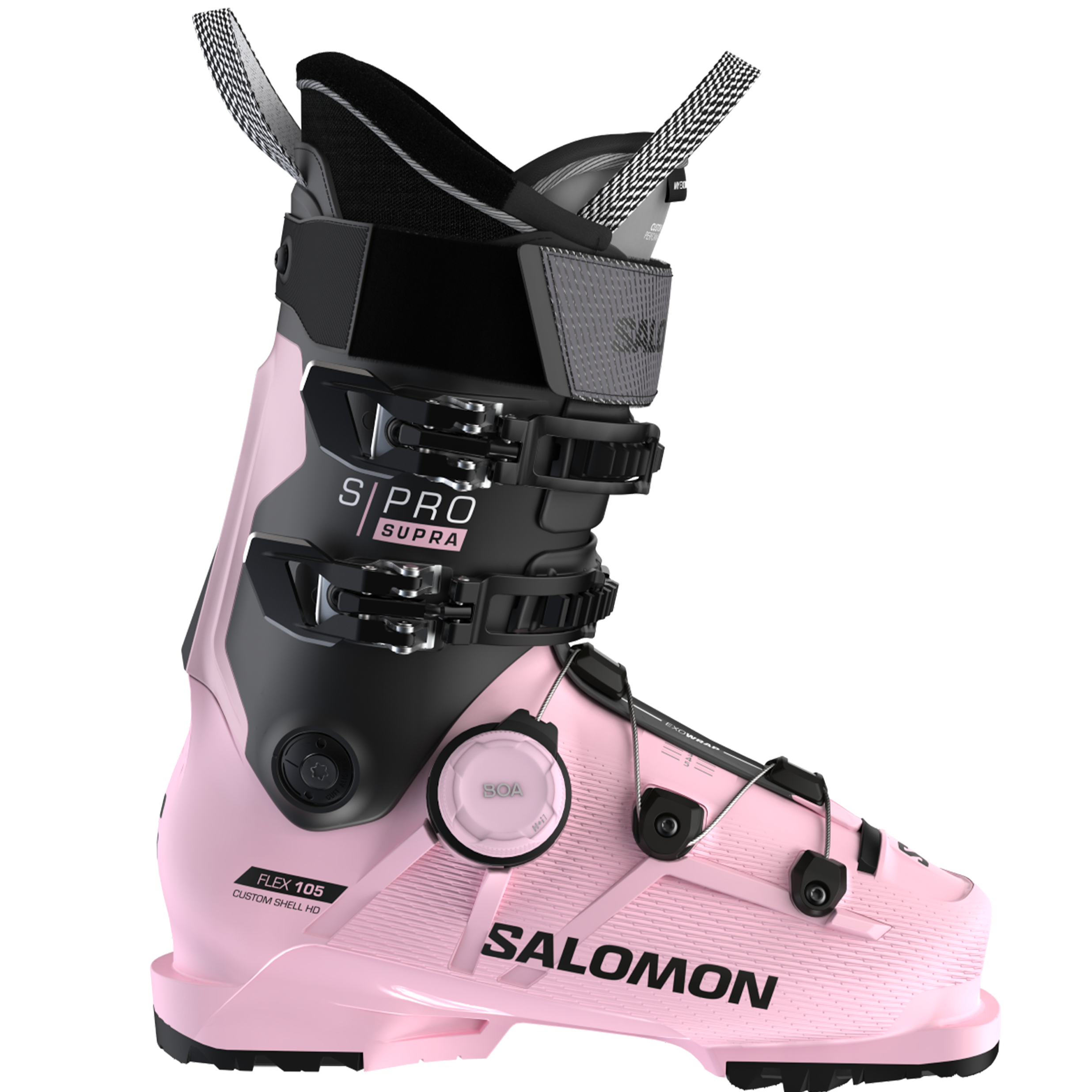 Women's Salomon S/PRO Supra BOA 105 Pink ski boot with black accents and BOA closure system on the bottom cuff.