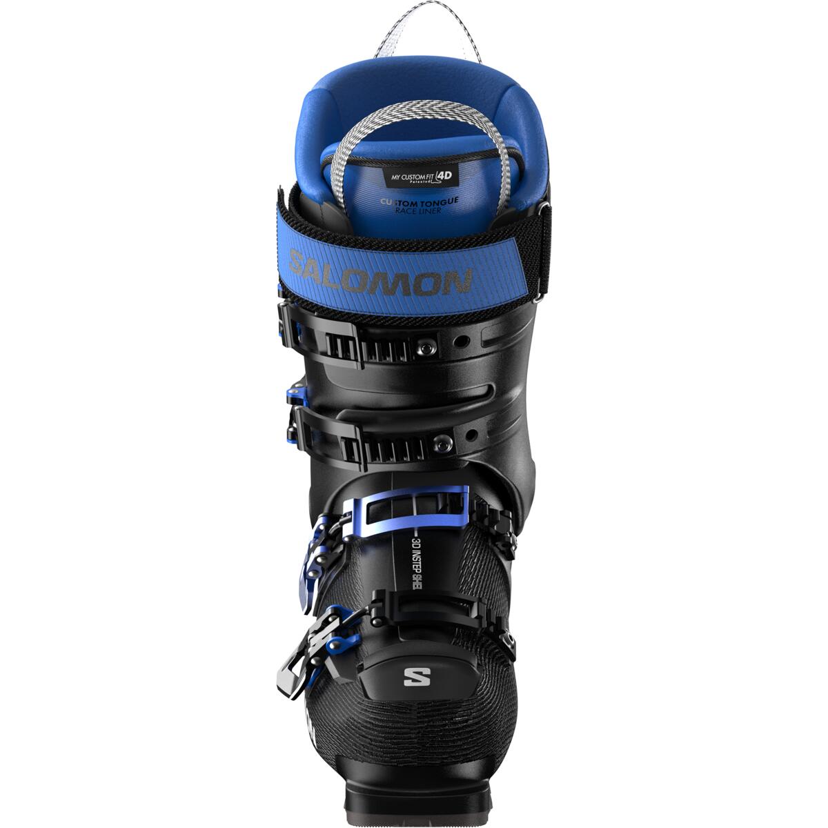 The front view of this Men's Salomon ski boot shows the great shape of the laswer last