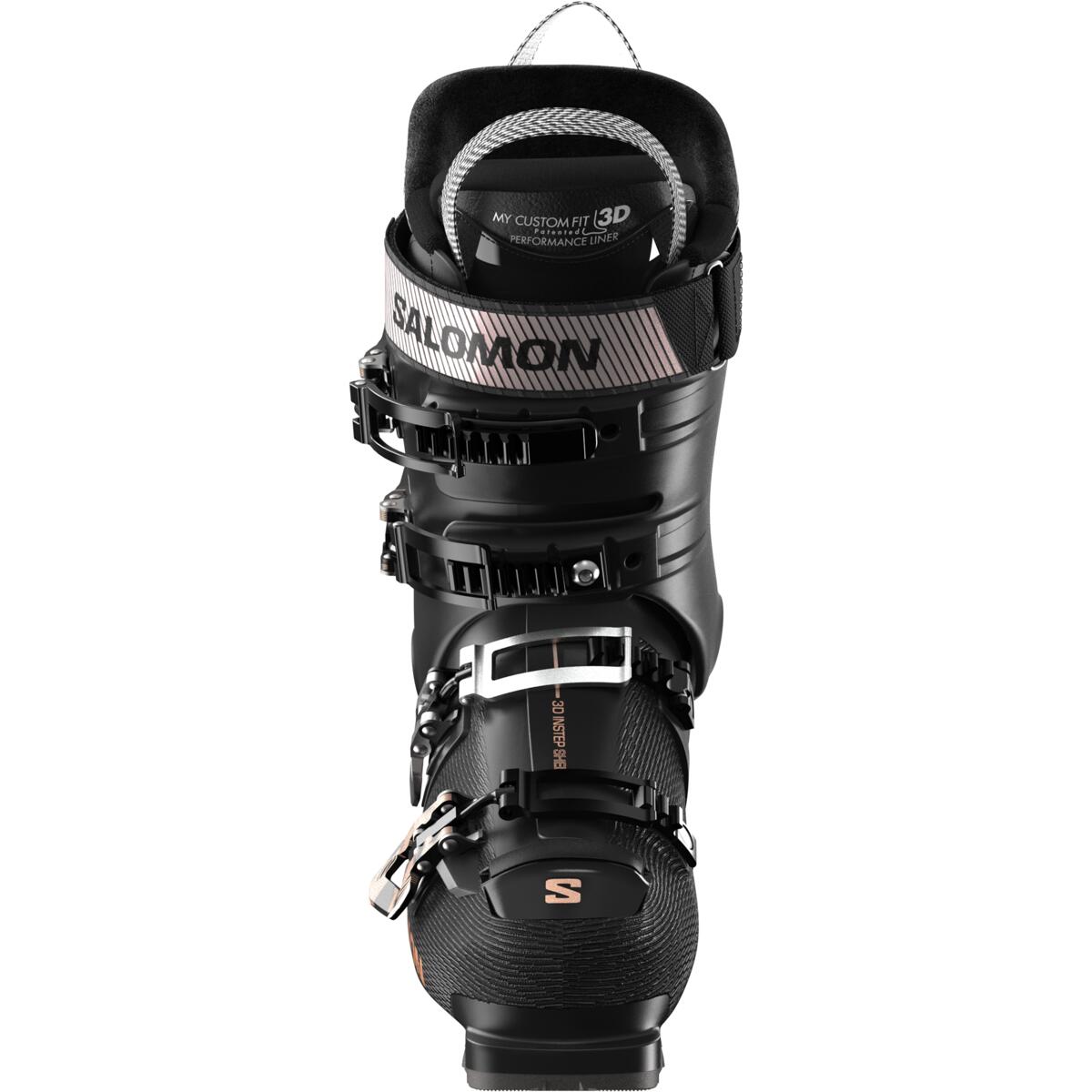 The front view of this ski boot is allblack with a silver buckle over the instep
