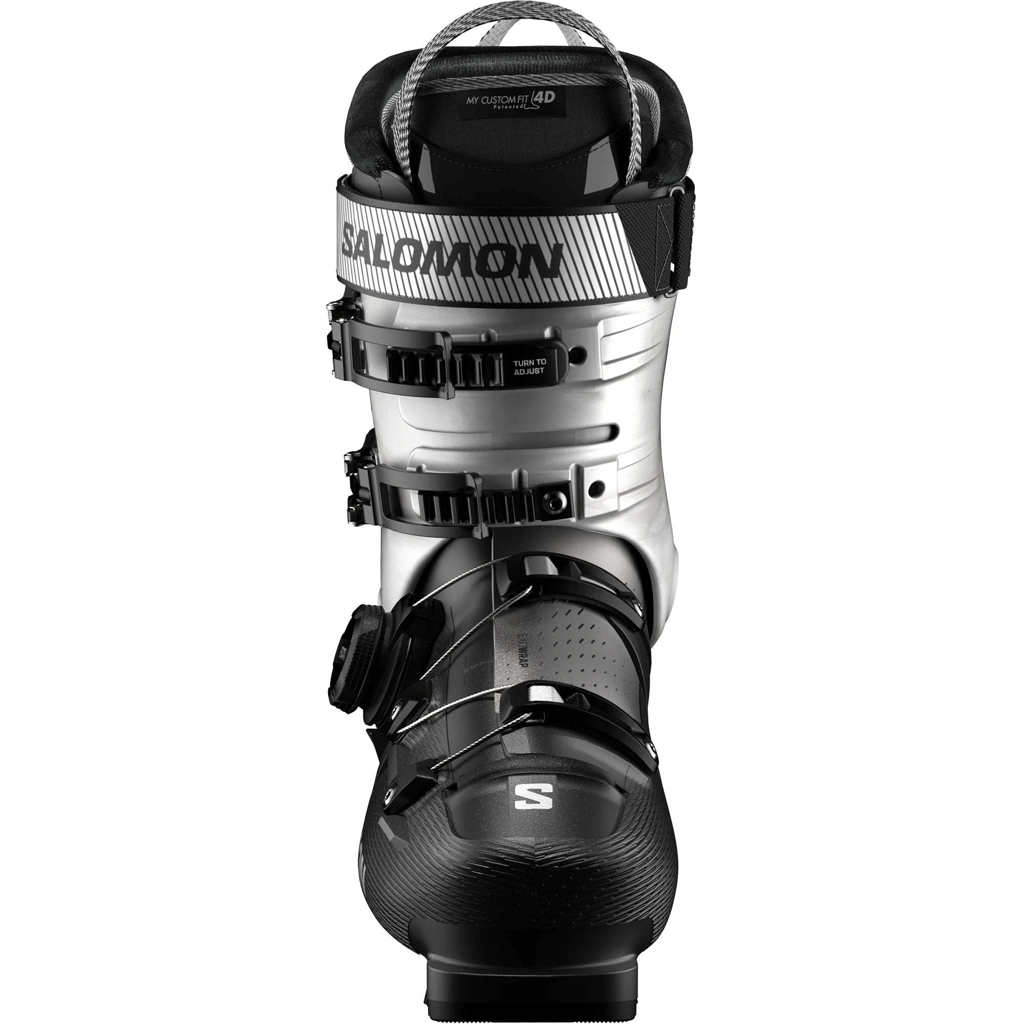 Front of a Salomon ski boot with a black and whie striped power strap.
