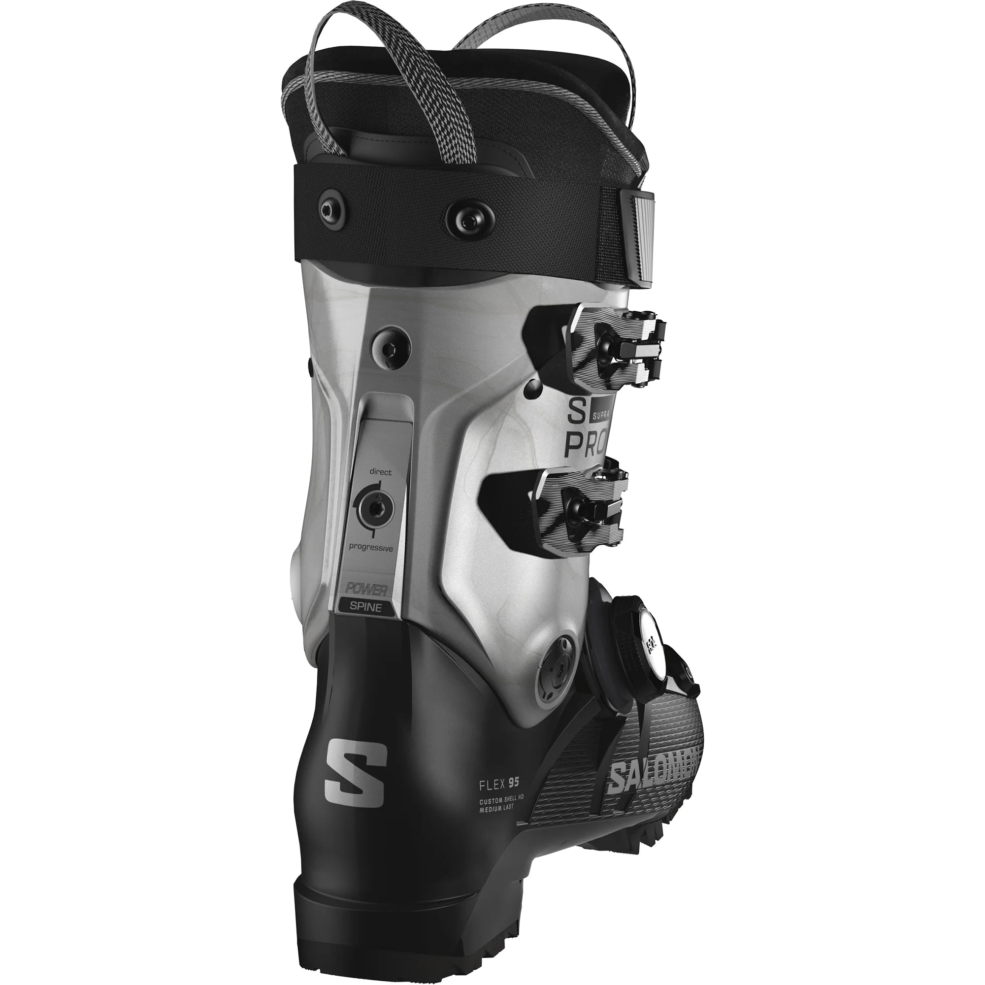Black and silver ski boot with visible brand logo on a white background.