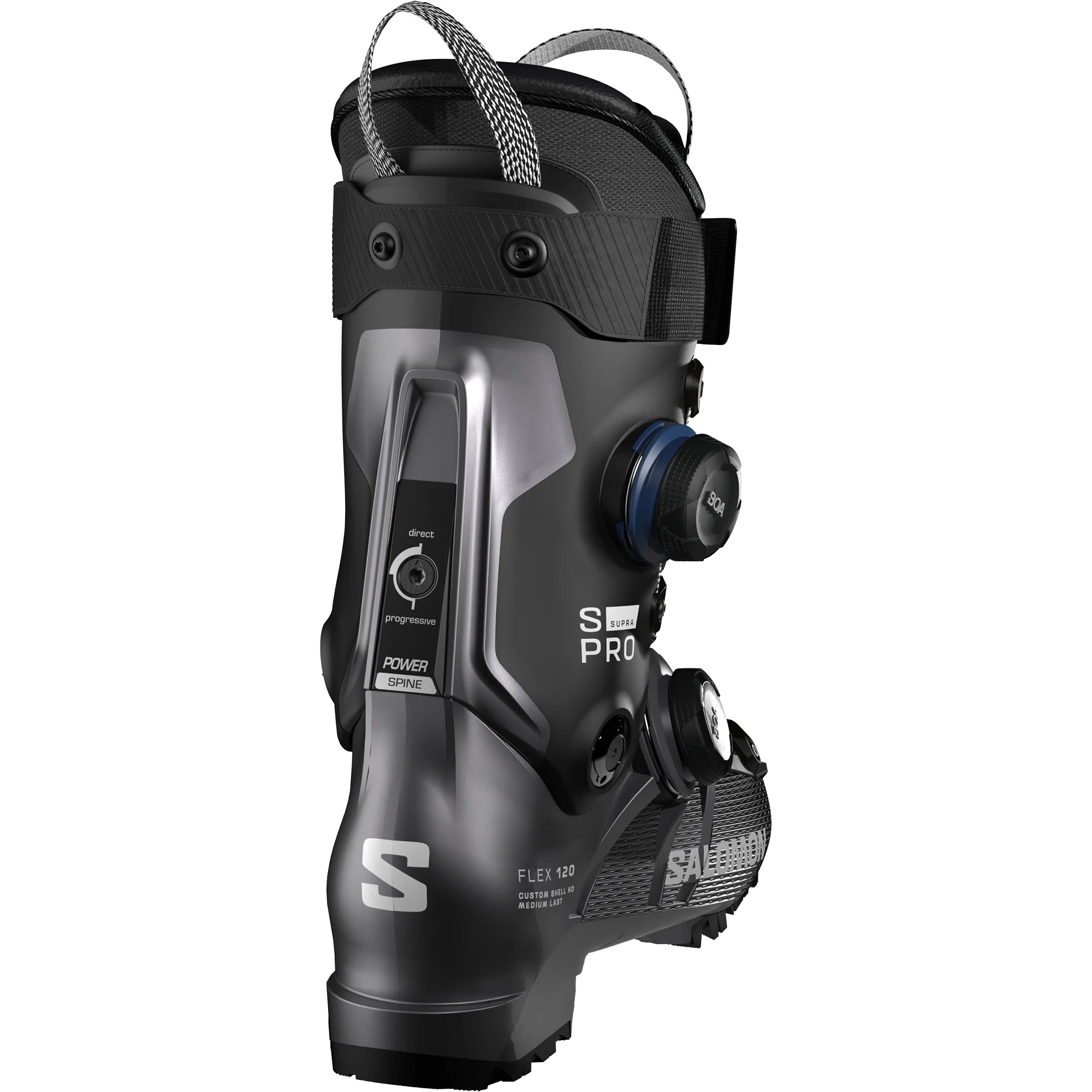 Black Salomonj ski boot with visible branding on the lateral side of the boot.