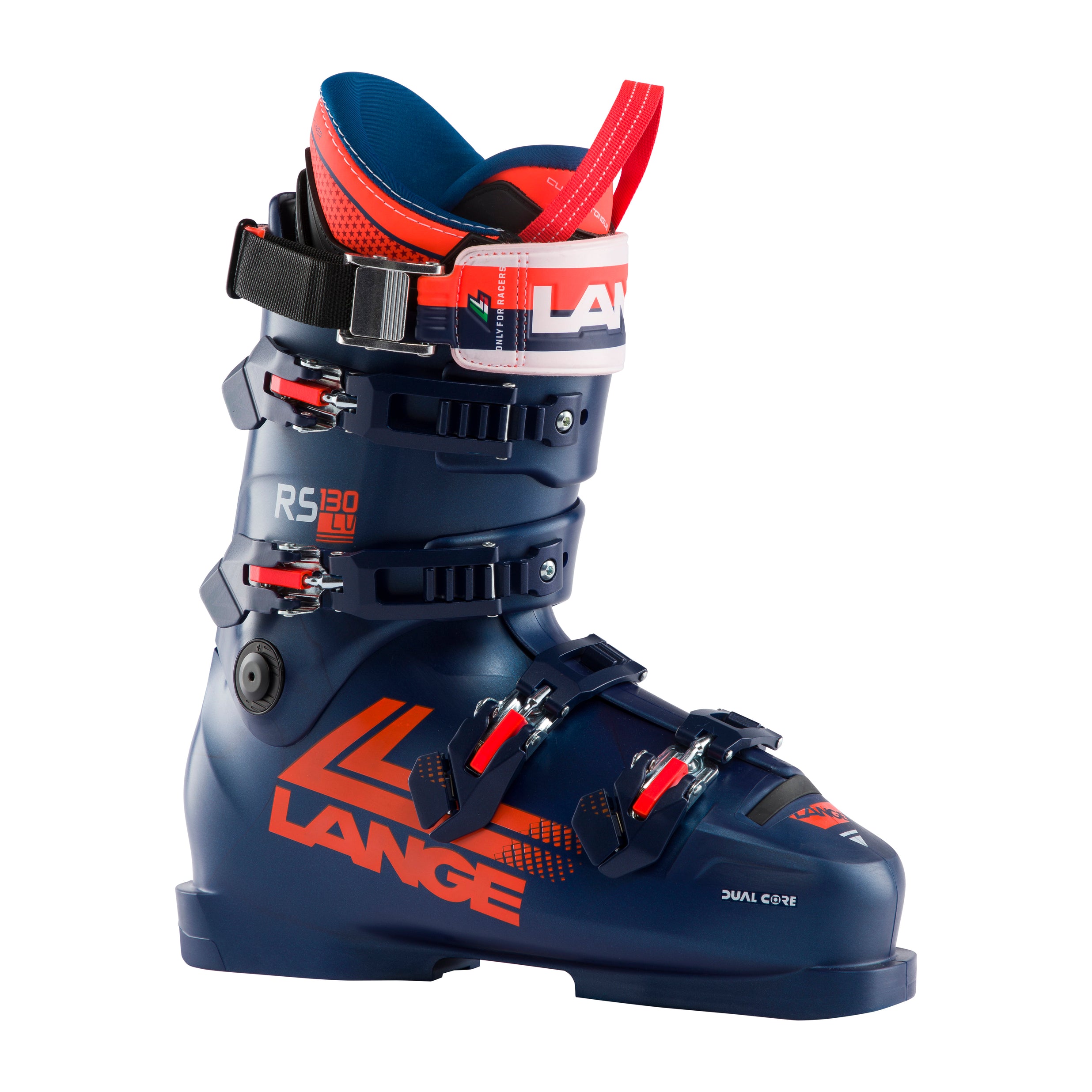 Lange RS 130 LV ski boot, dark blue with neon orange accents.