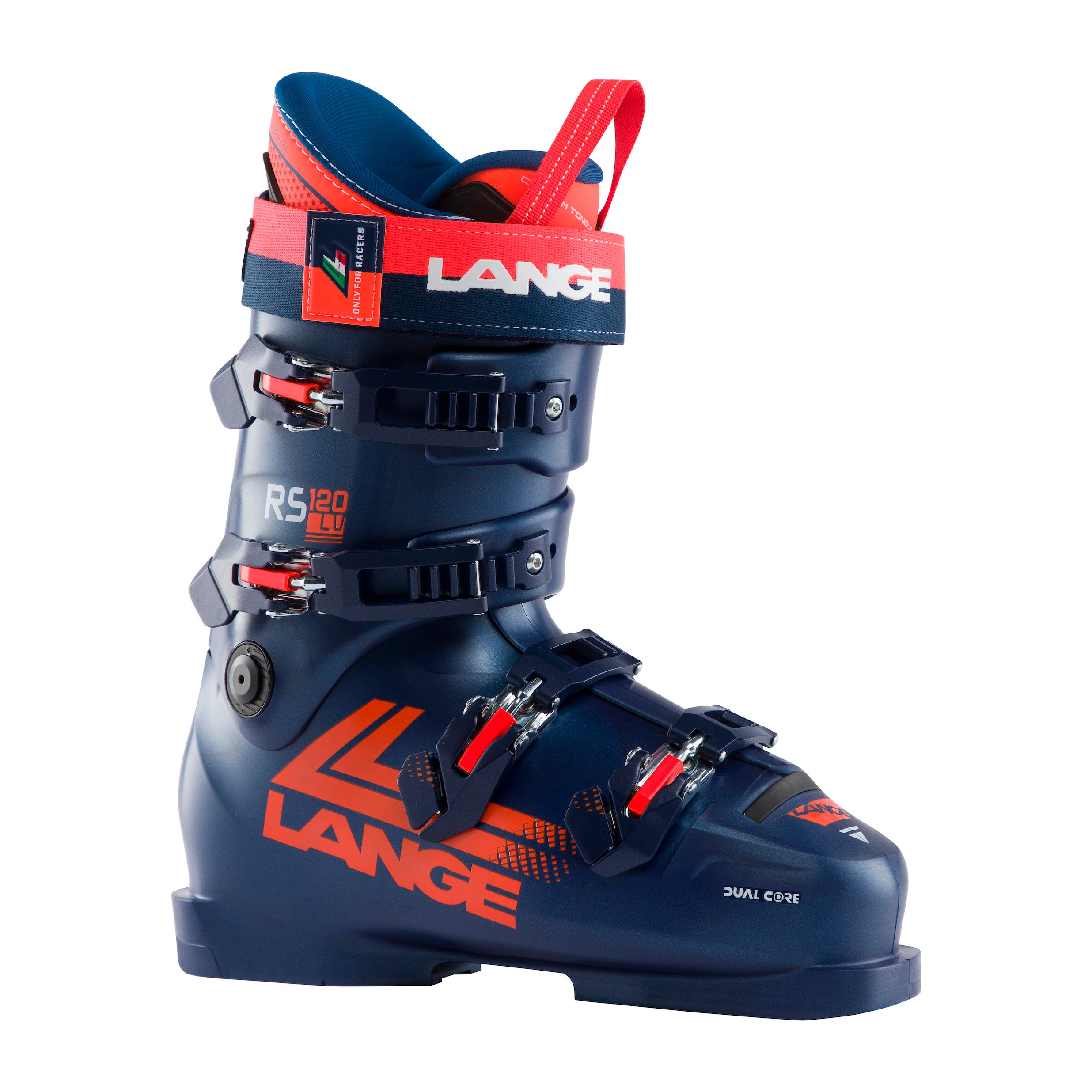Men's Lange RS 120 LV ski boot dark blue with neon orange accents.