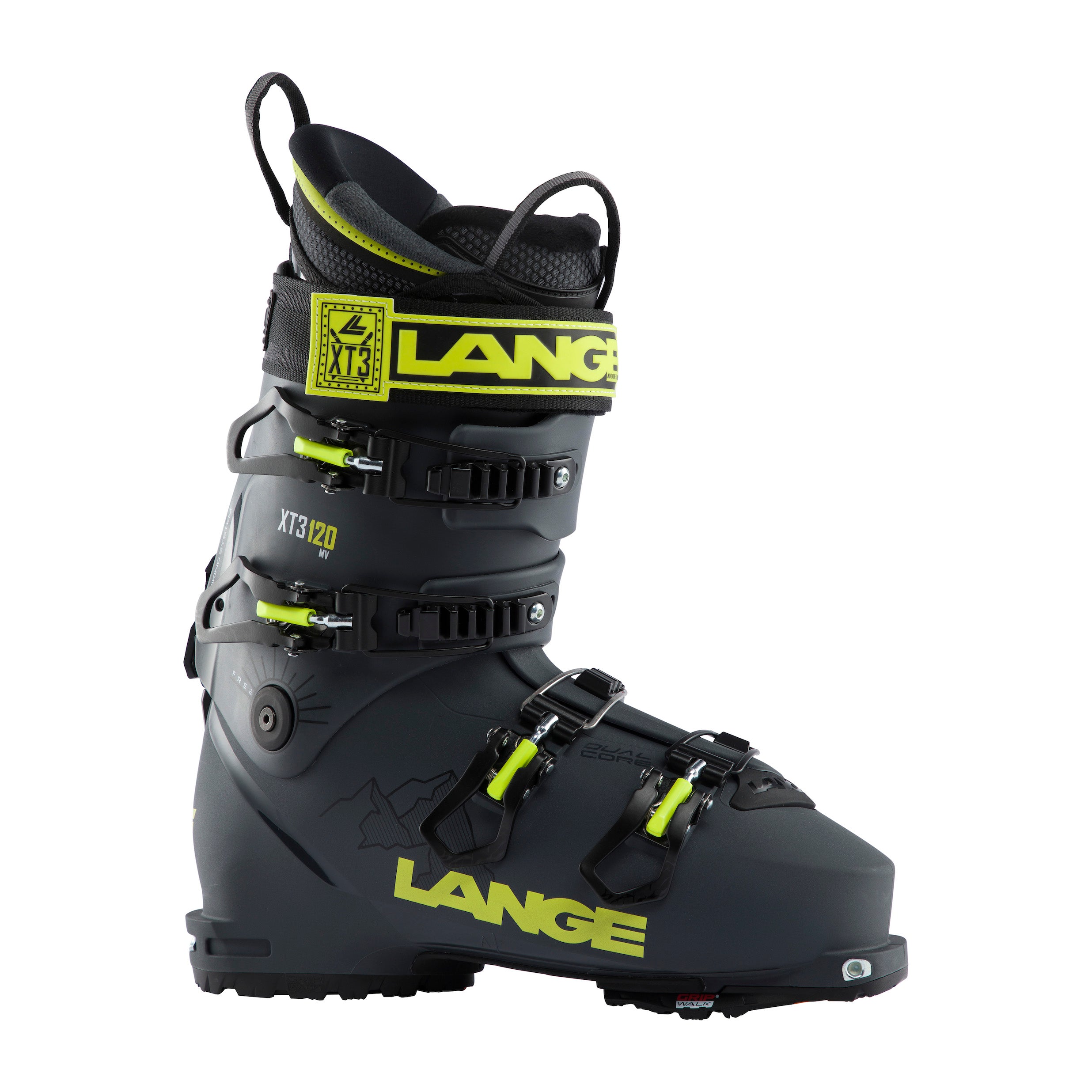 Men's Lange XT3 Free 120 MV ski boot, dark grey with neon green accents and mountain graphic designs.