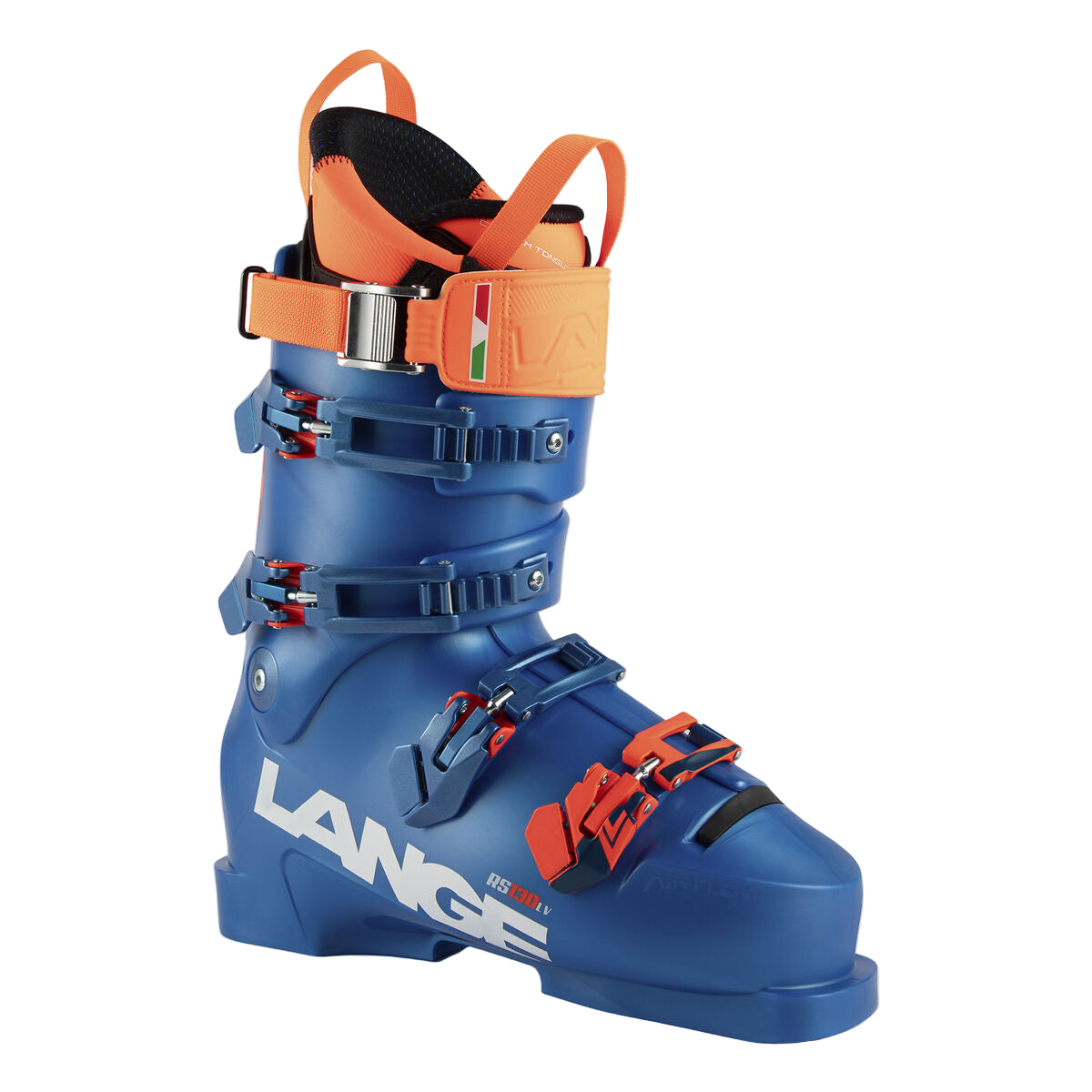 Blue ski boot with orange and red accents on the buckles with a orange power strap.