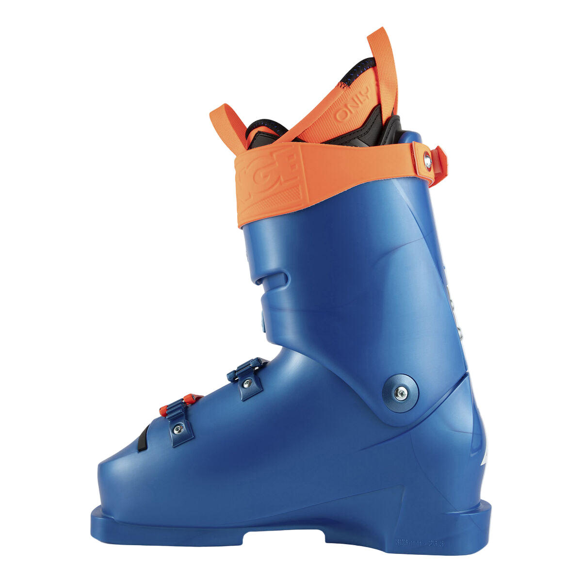 blue ski boot with one screw hinging the top and lower cuff, there is an orange power strap