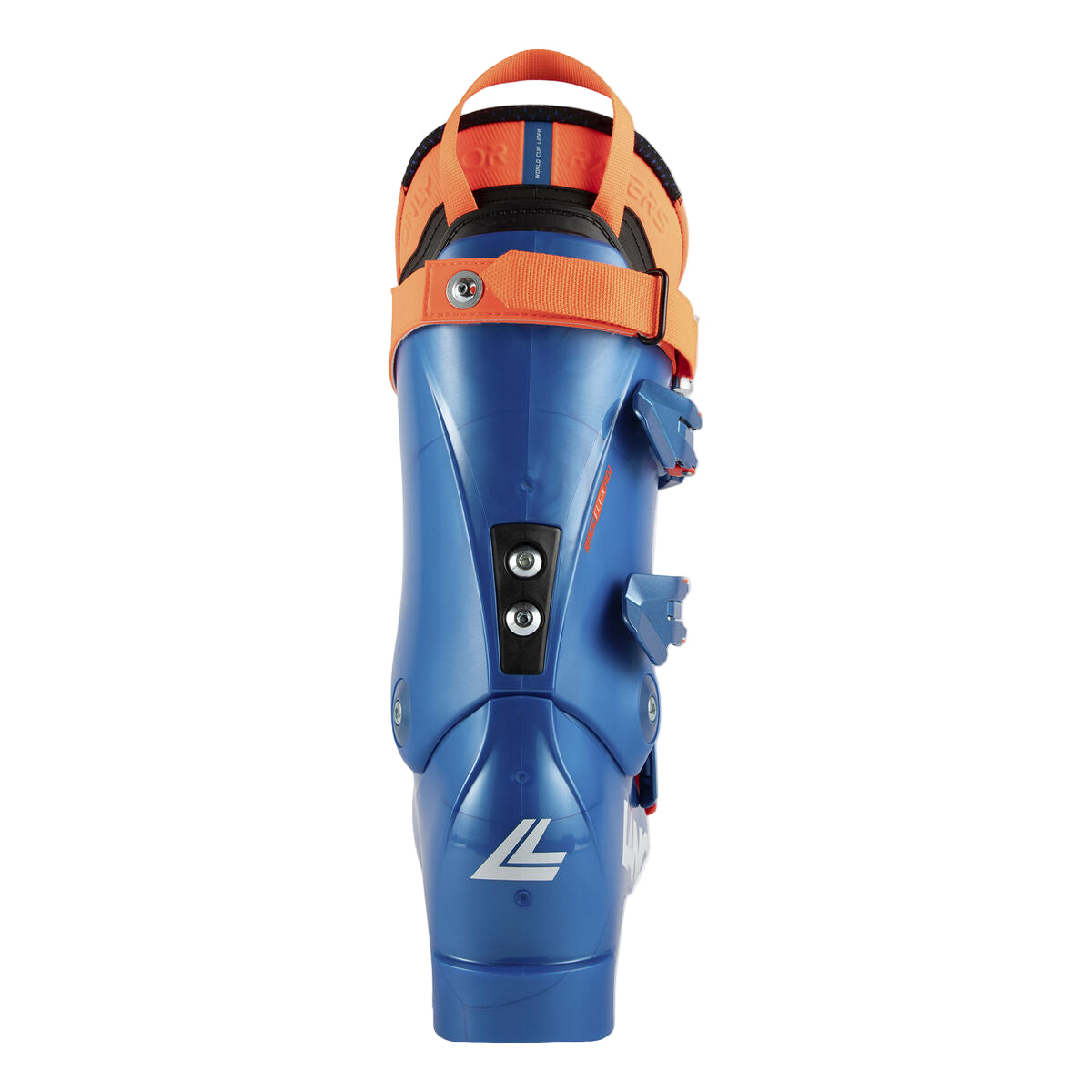 the spine of the ski boot has two rivet screws and the back of the cuff is orange.