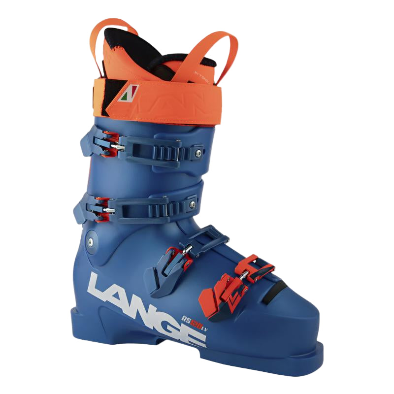 A blue and orange Lange RS 120 LV ski boot with multiple buckles, designed for expert skiers and racers.