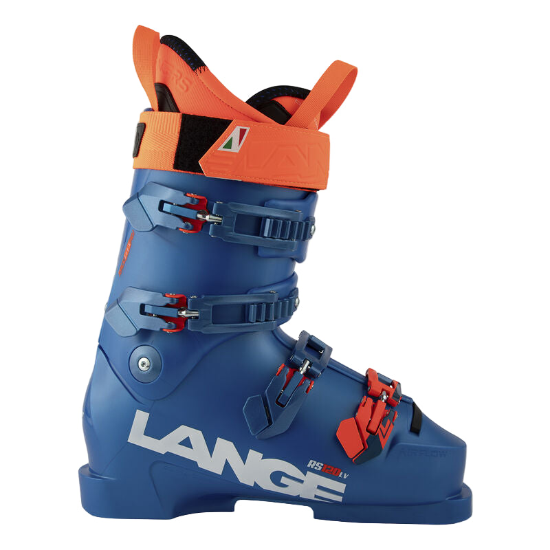 four buckled, blue boot. the power strap is orange, the cuff of the boot is orange, and there are orange accents on the buckles.