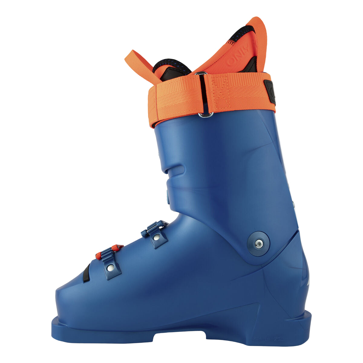 Blue ski boot with an orange power strap and an orange cuff. one screw hinging the top and bottom cuff.