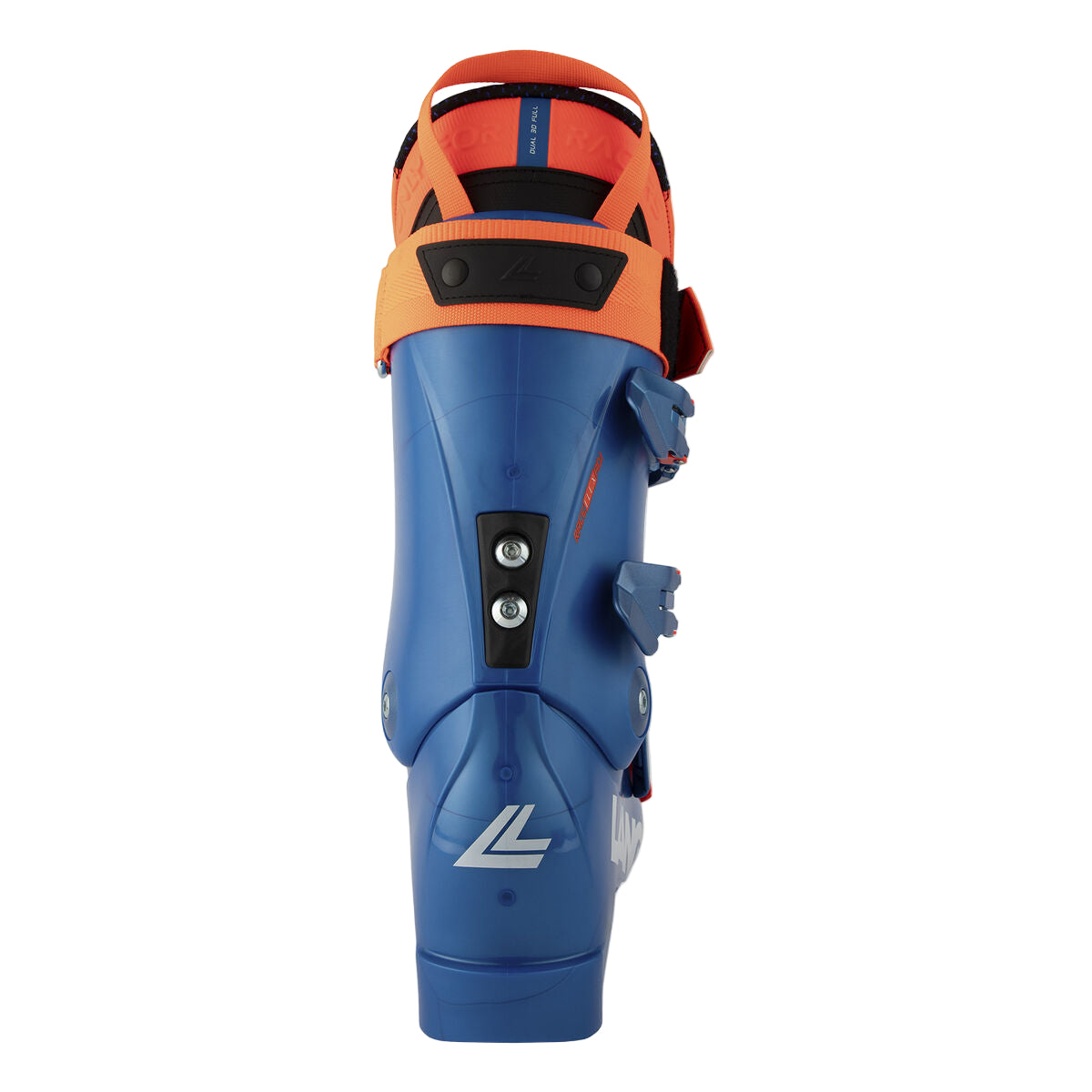 the spine on the RS 120 LV ski boot is blue, it has two screws on the spine and an orange power strap.