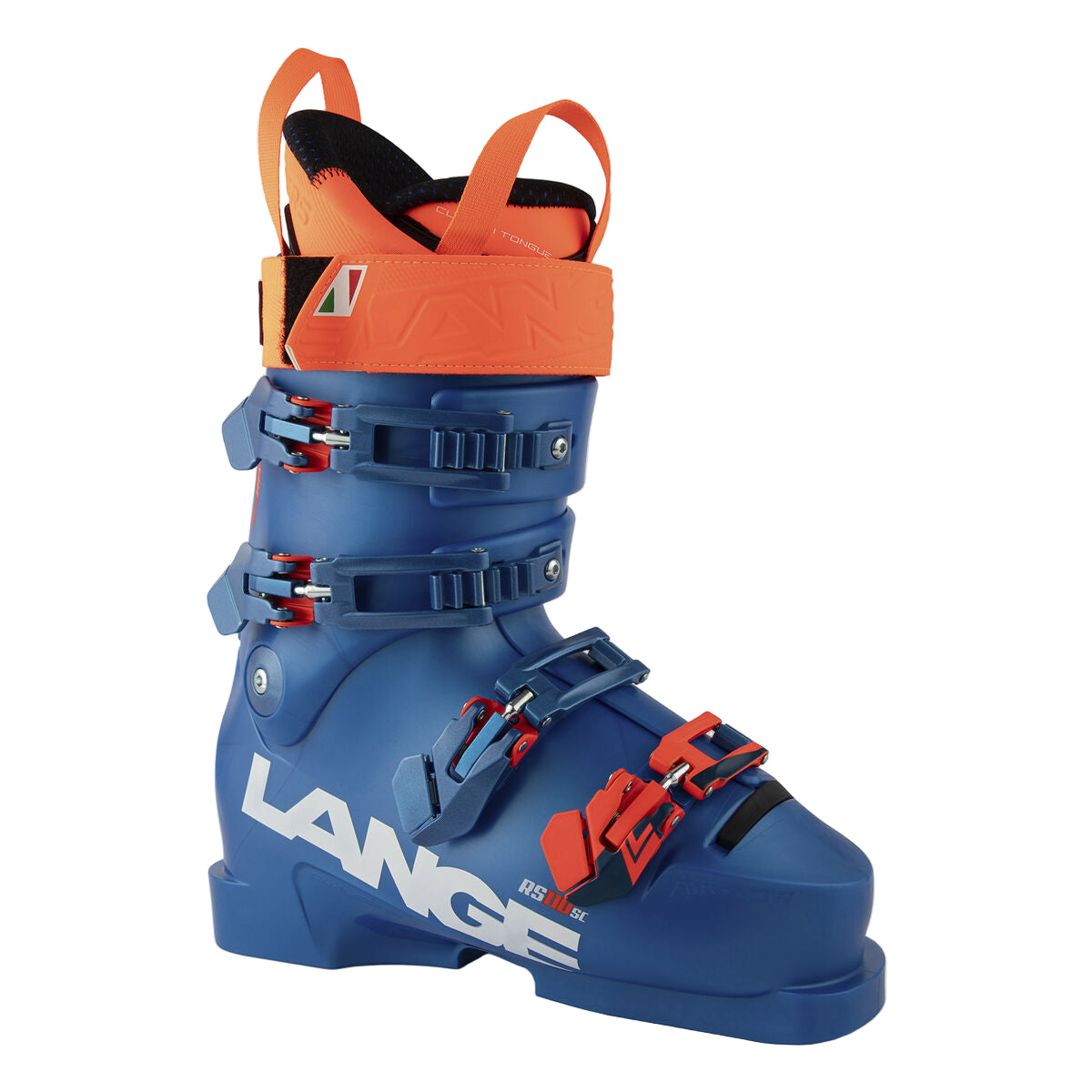 all blue ski boot with four buckles, orange cuff and red accents on buckles