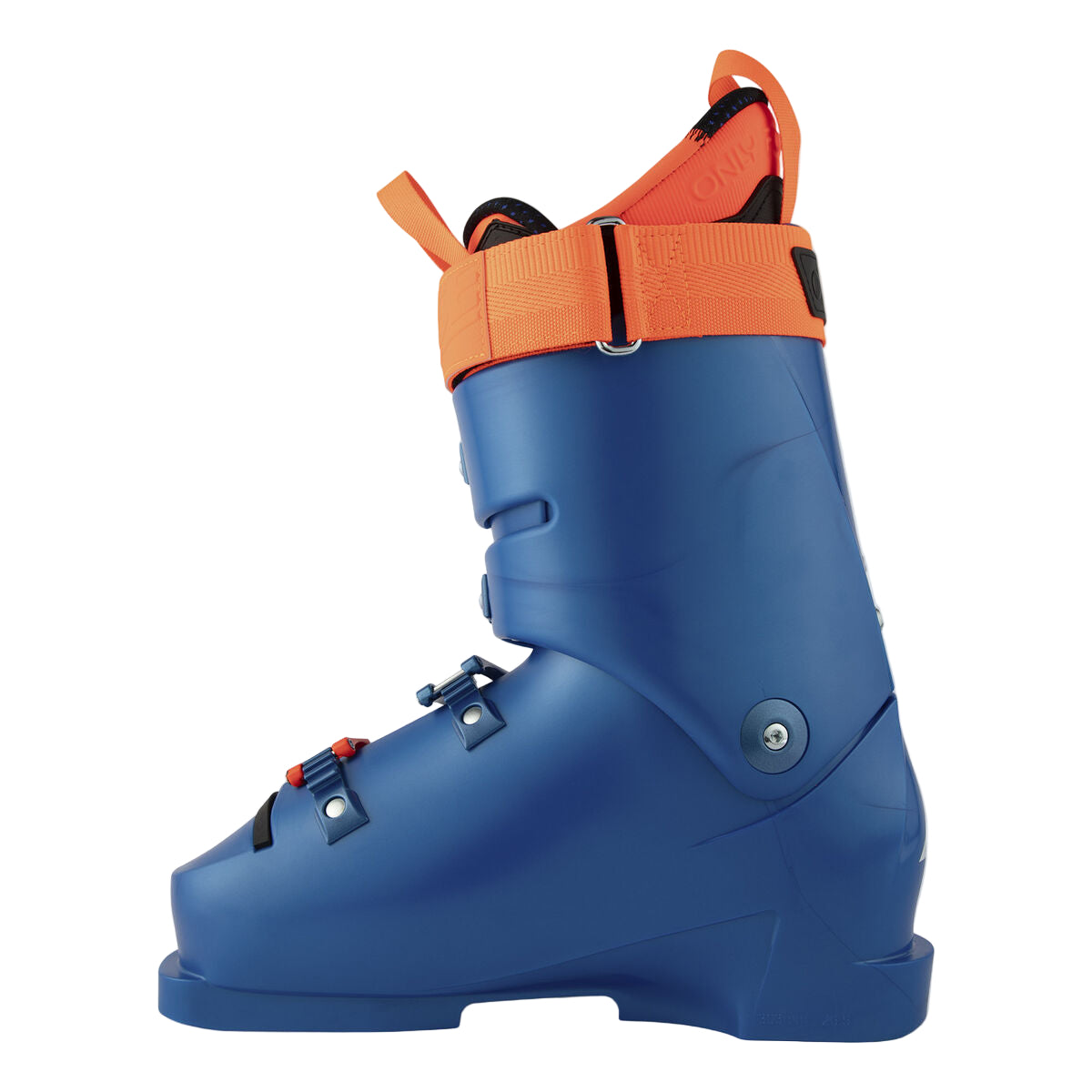 Blue ski boot with orange straps, one screw on the inside hinging together top and bottom cuff.