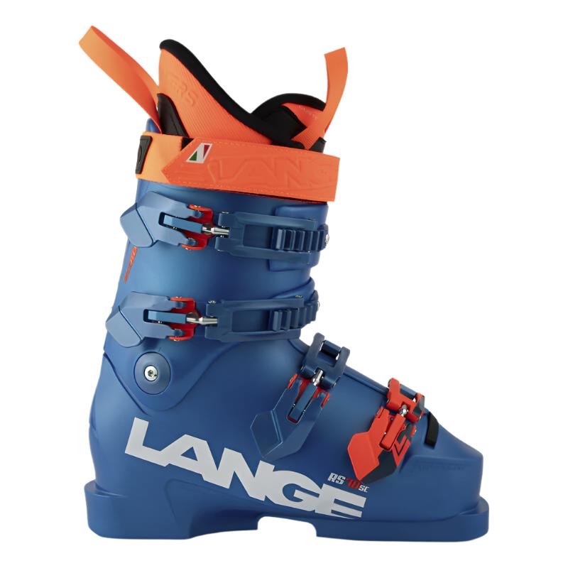Blue ski boot with orange and red accents on a white background