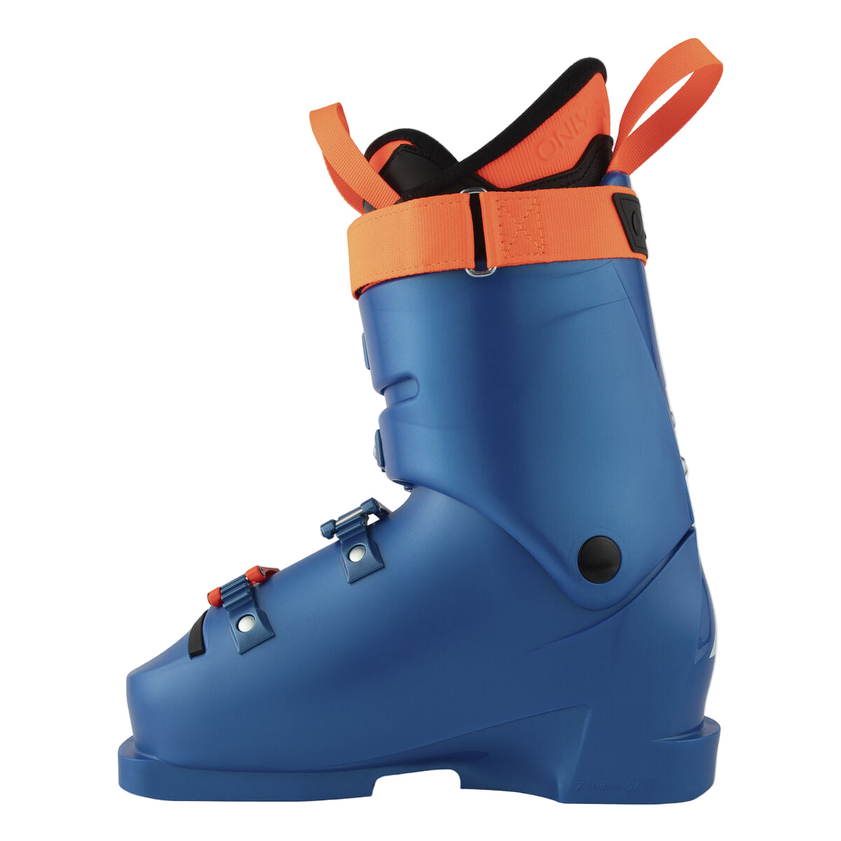the inside of the blue ski boot has a screw holding the top and bottom cuffs together.
