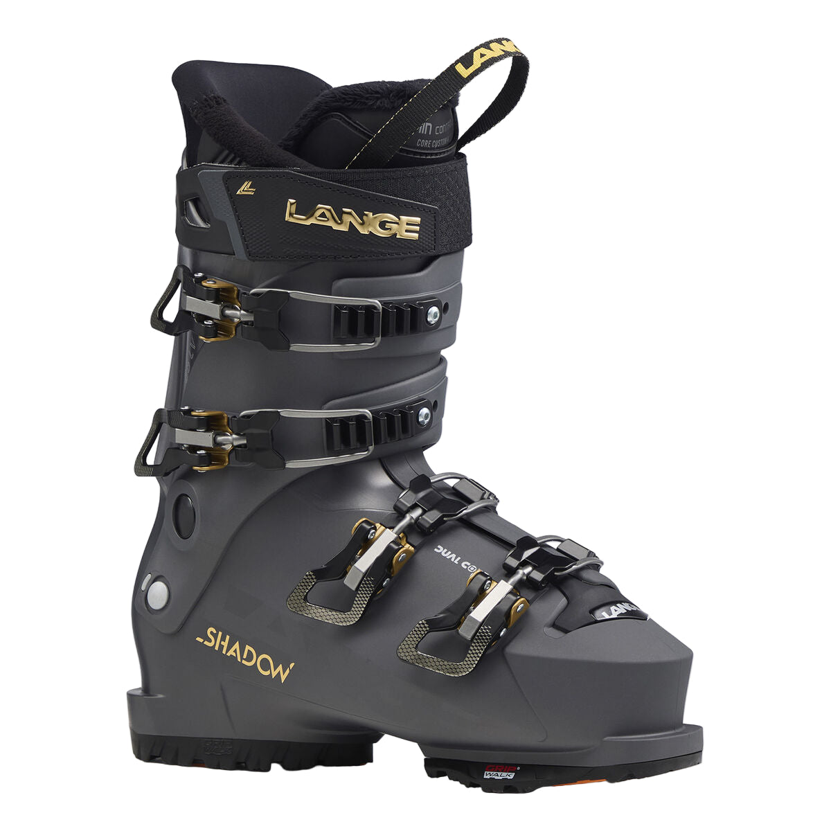 Gray Lange ski boot with gold accents on the buckles and logos.