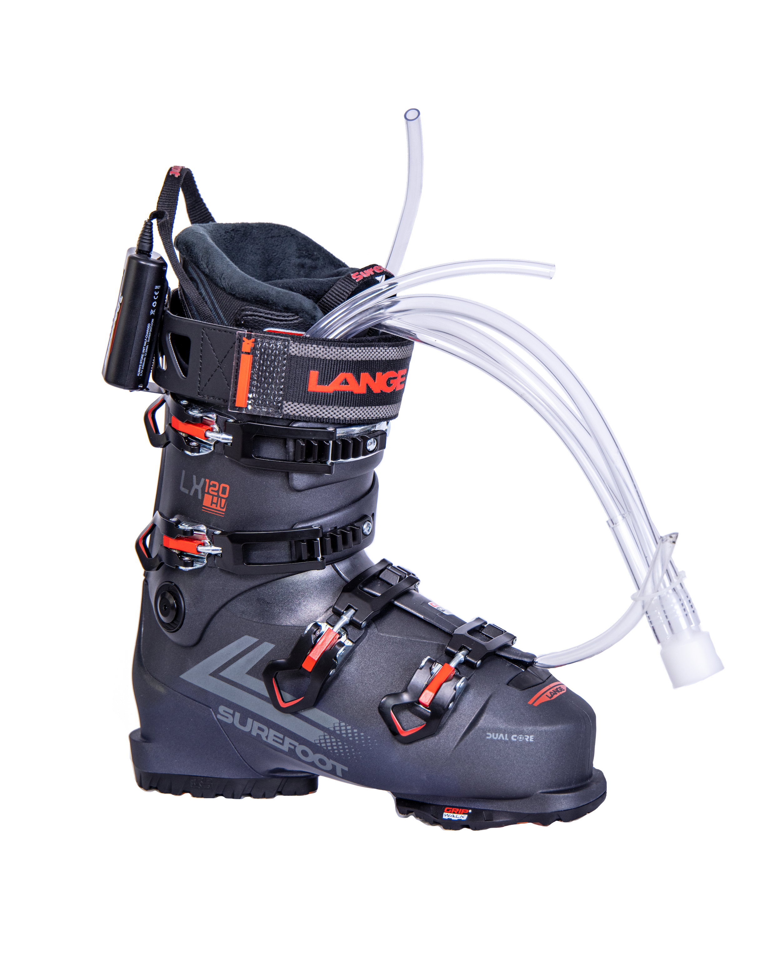 Surefoot Lange LX 120 HV black ski boot shell with red accents on buckles and Lange logo in red on power strap. Plastic tubes coming out for Surefoot memory foam injection into shell lining. Winterheat ski boot heater attached to outside edge.