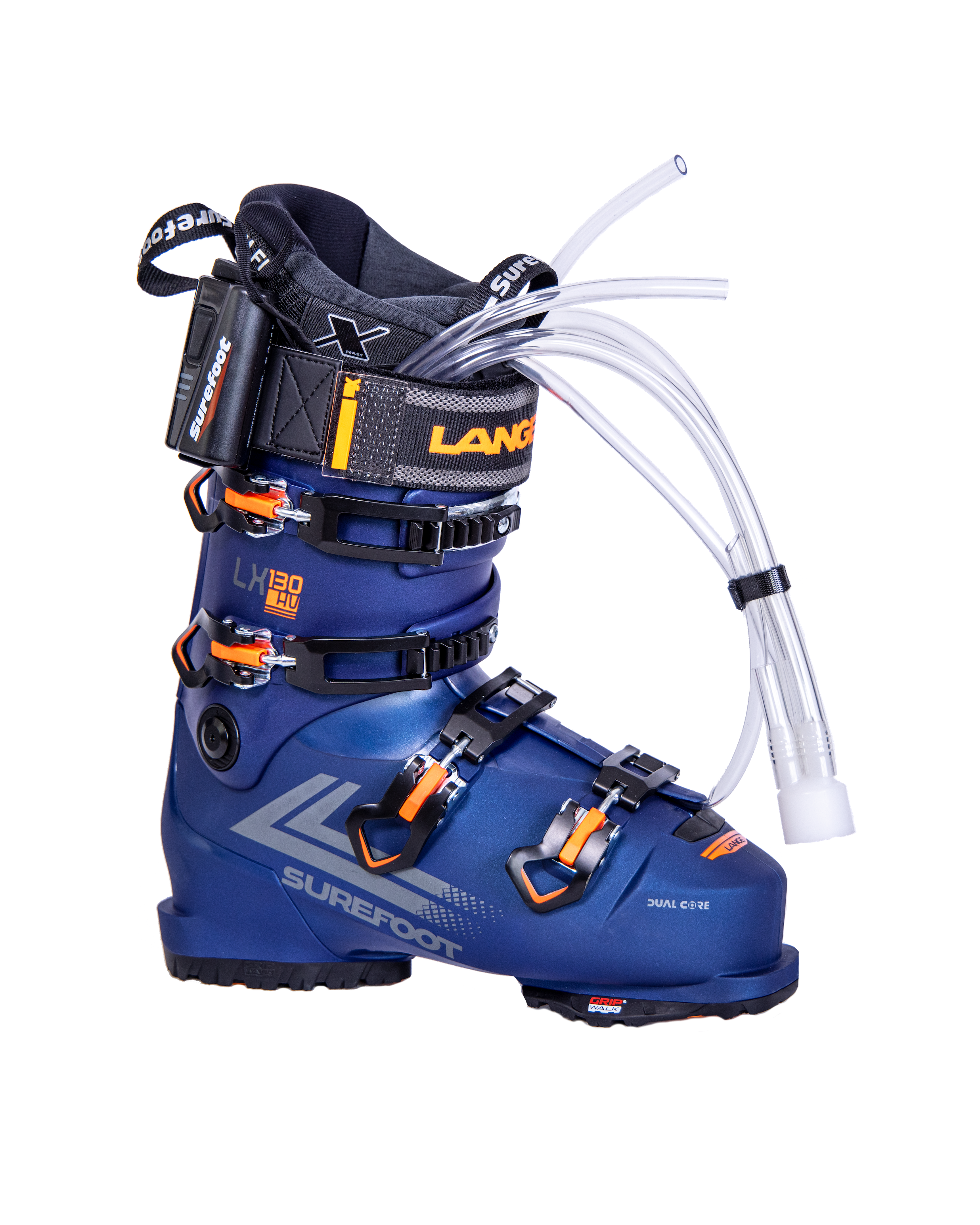 Surefoot Lange LX 130 HV blue ski boot shell with orange accents on buckles and Lange logo in orange on power strap. Plastic tubes coming out for Surefoot memory foam injection into shell lining. Winterheat ski boot heater attached to outside edge.