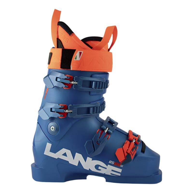 Blue ski boot with orange top on a white background