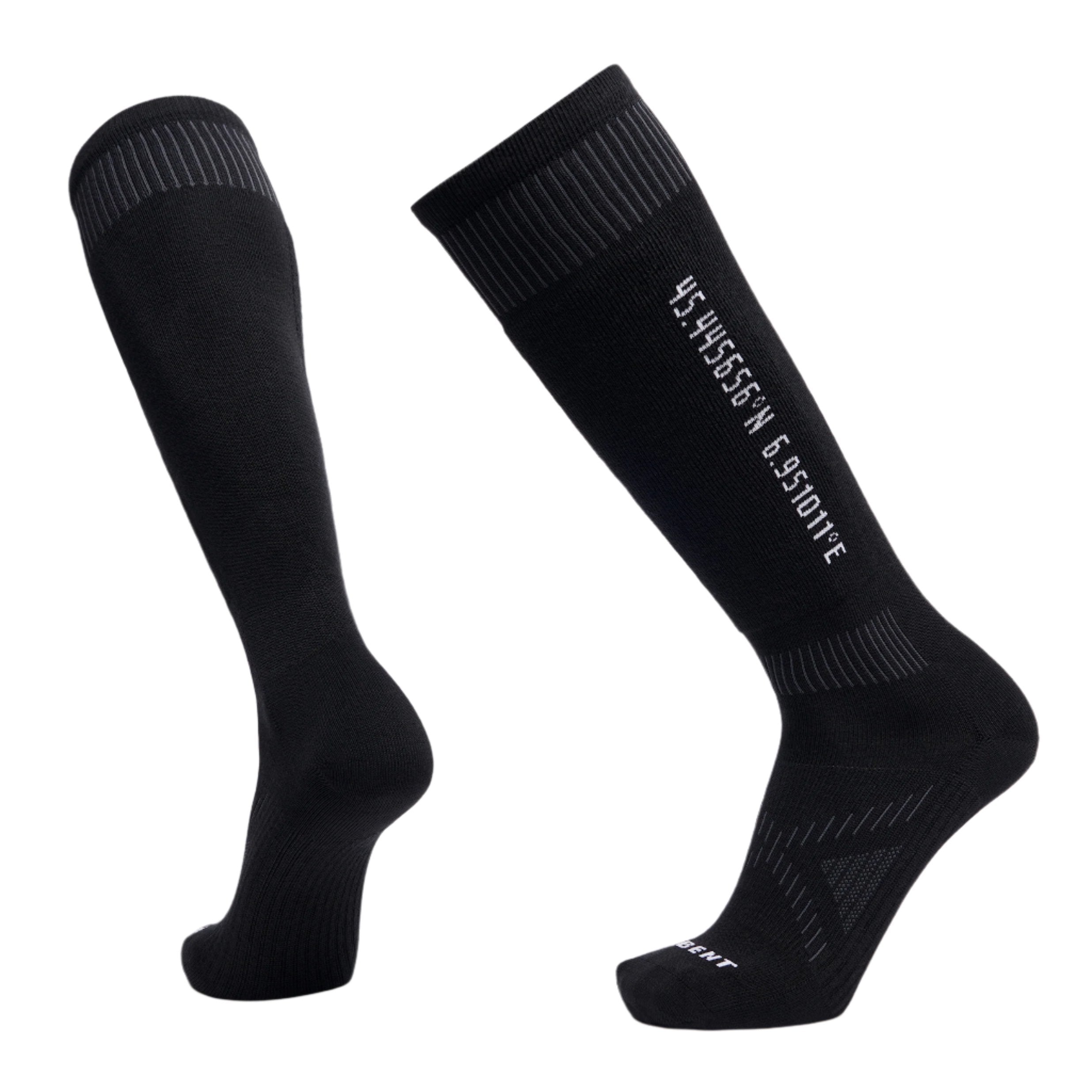 Black ski socks with cushion, ultra light and white coordinates inscribed on the side.