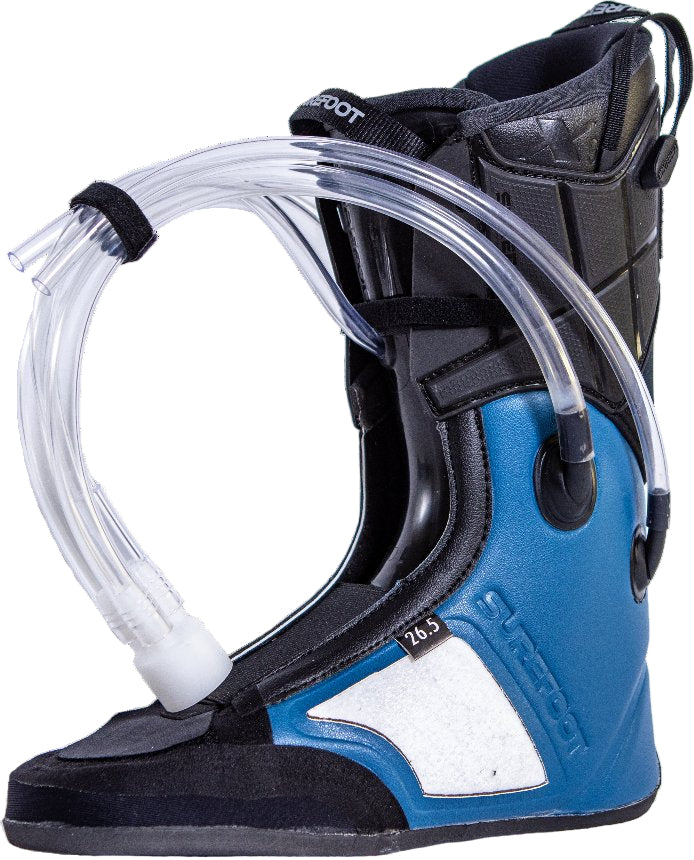 Blue and black boot liner with a clear tube on a white background