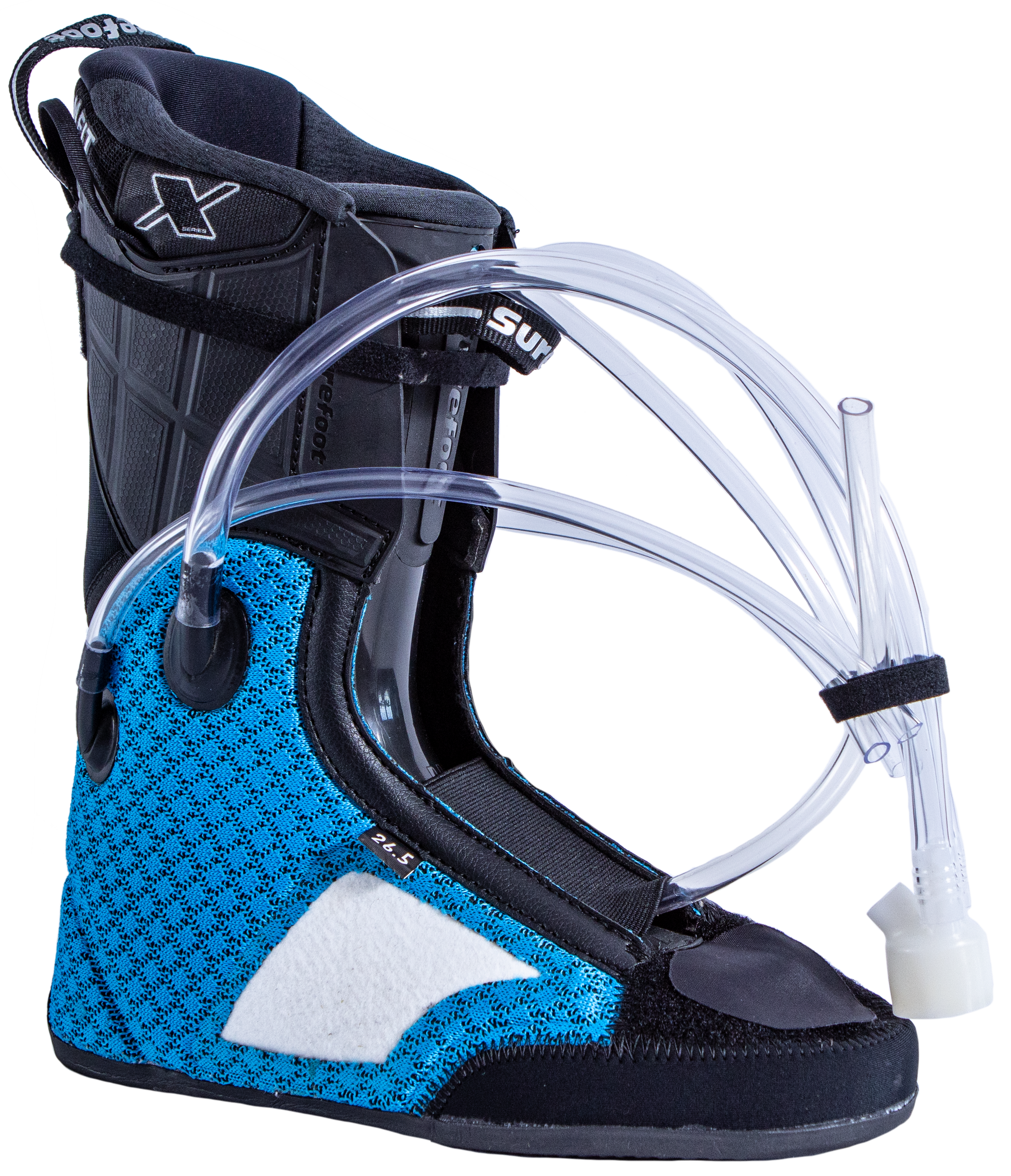 Surefoot Contoura X Heat Custom Foam Injected Ski Boot Liner. Blue liner with black 'R' for race. Plastic tubes for memory foam injection. Heating element cord for heater battery connection located on the top outer edge.