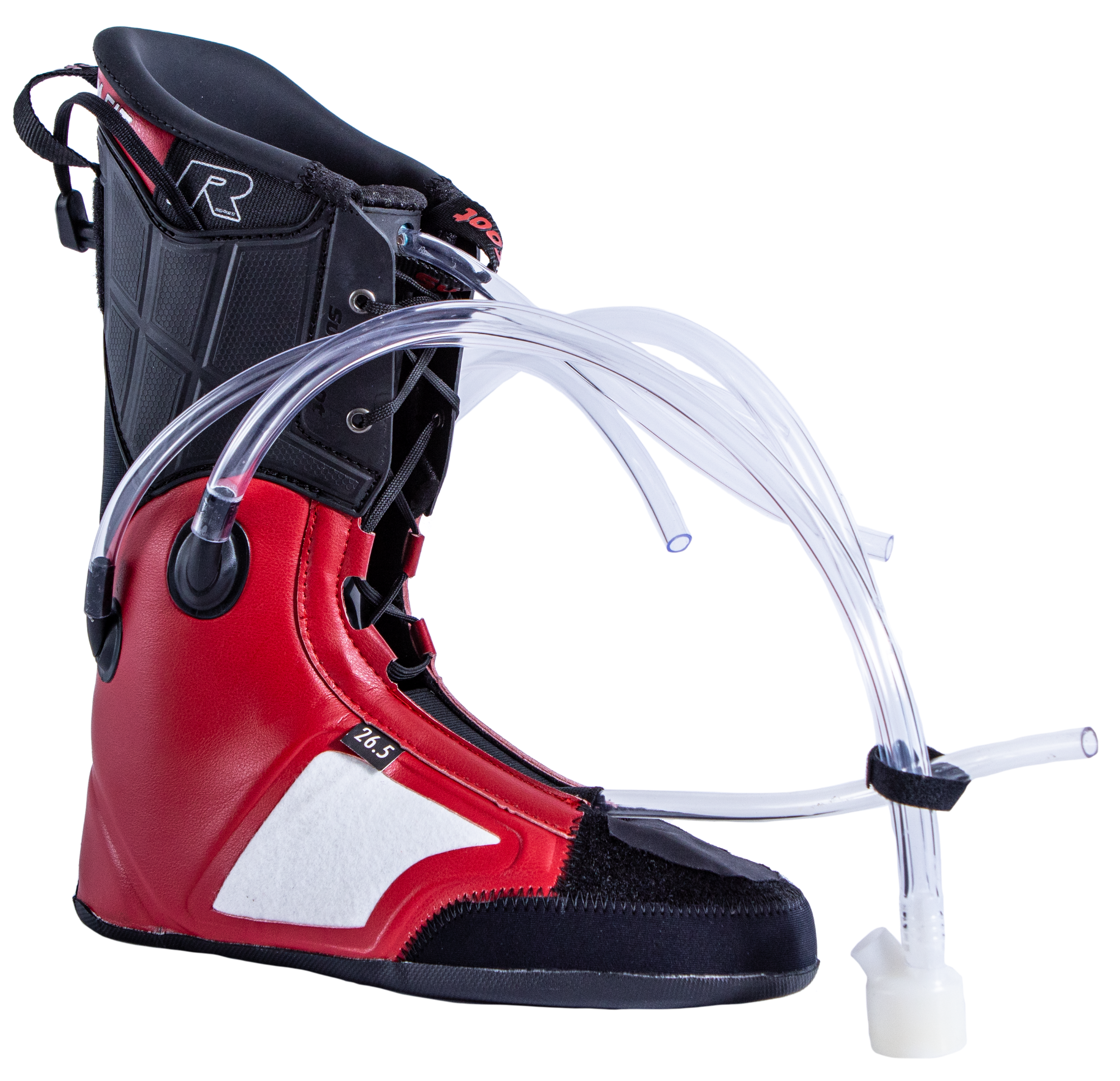 Surefoot Contoura R Heat Custom Foam Injected Ski Boot Liner. Red liner with black 'R' for race. Front lacing and plastic tubes for memory foam injection. Heating element cord for heater battery connection located on the top outer edge.