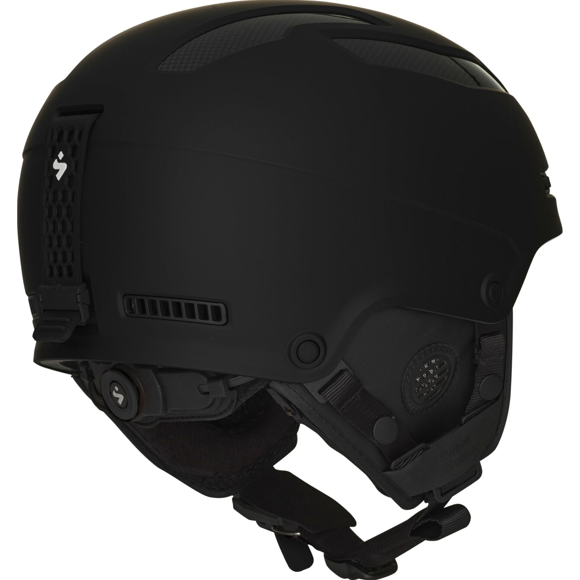 The back of this ski helmet has a strap that helps to hold the goggles securely