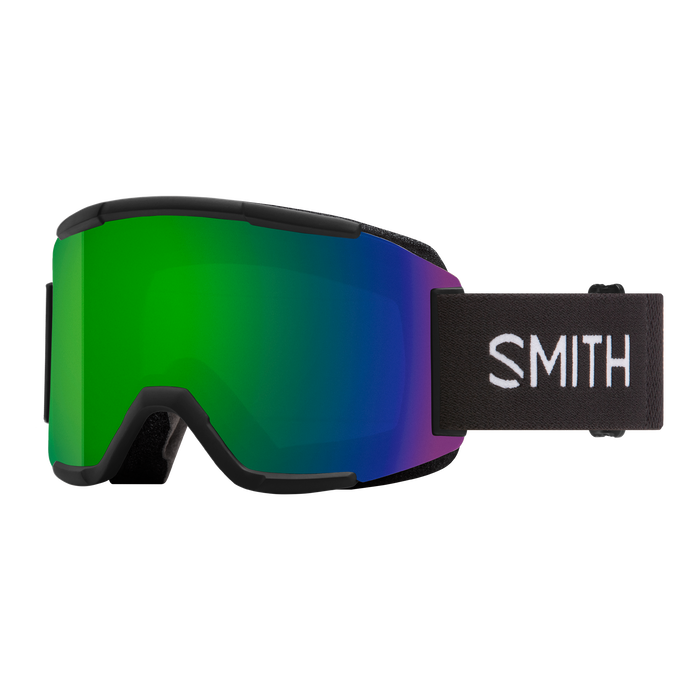 This Smith ski goggle has a black strap, white logo writting and a gree lens