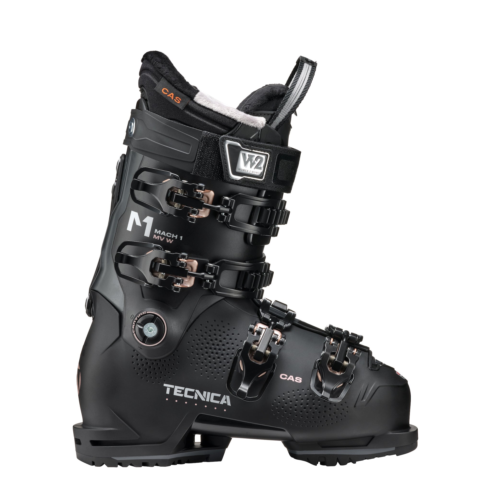 Women's Tecnica Mach1 MV 105 ski boot all black with minimal rose gold accents.