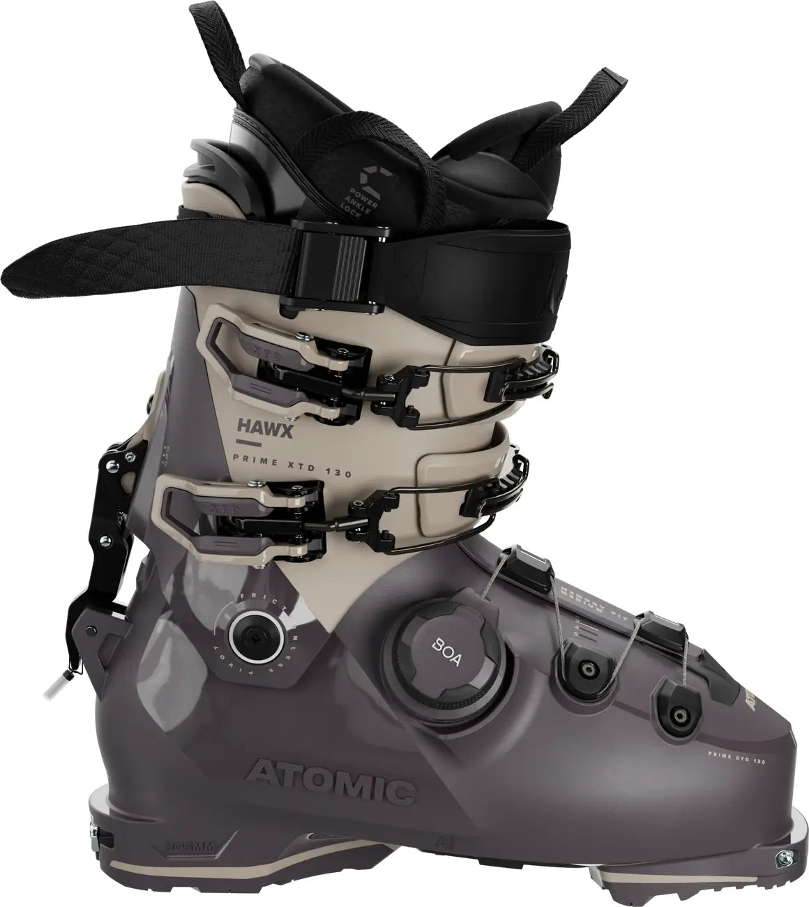 Gray and beige ski boot with Atomic branding on a white background