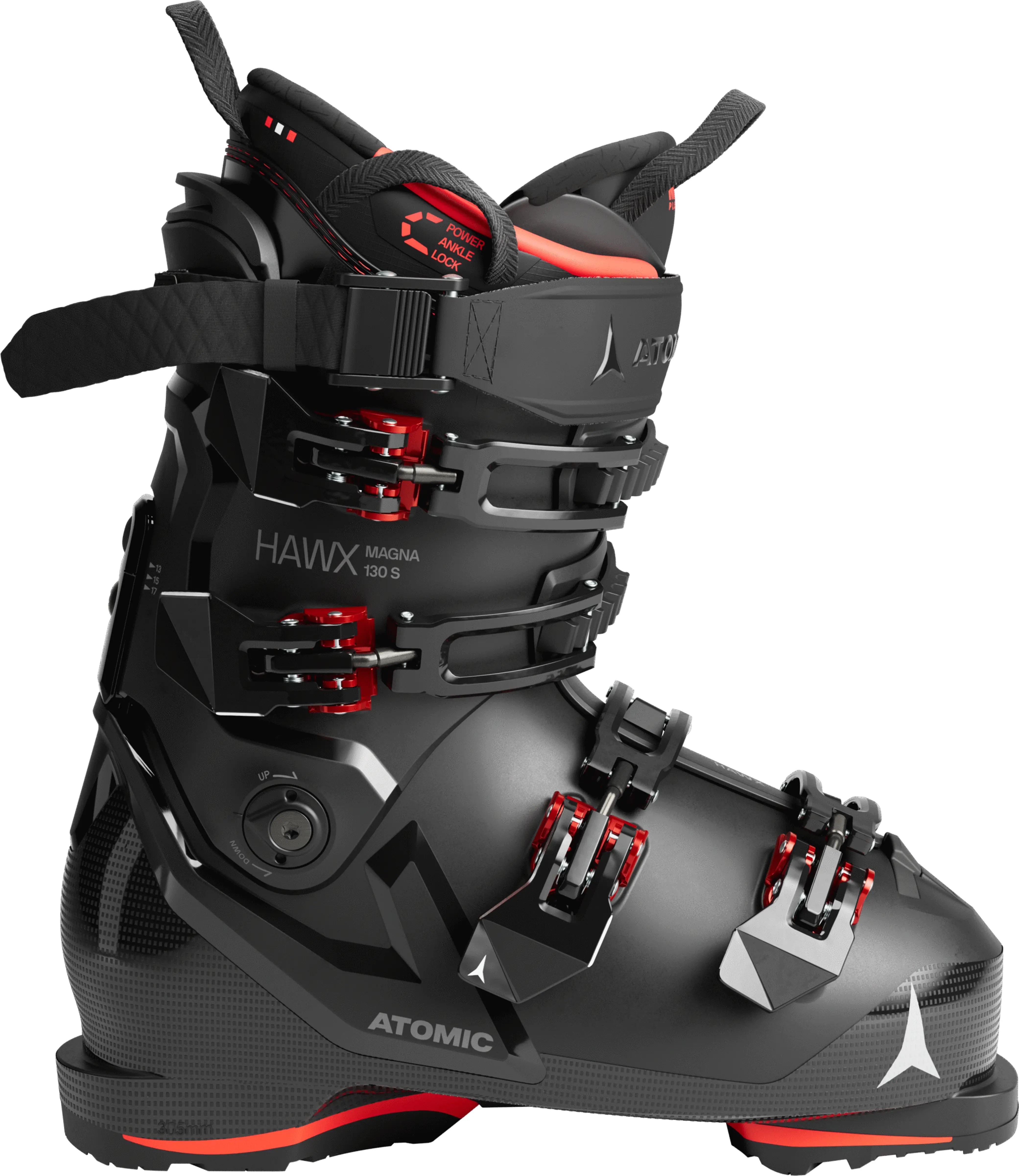 Black and red Atomic Hawx ski boot on a white background