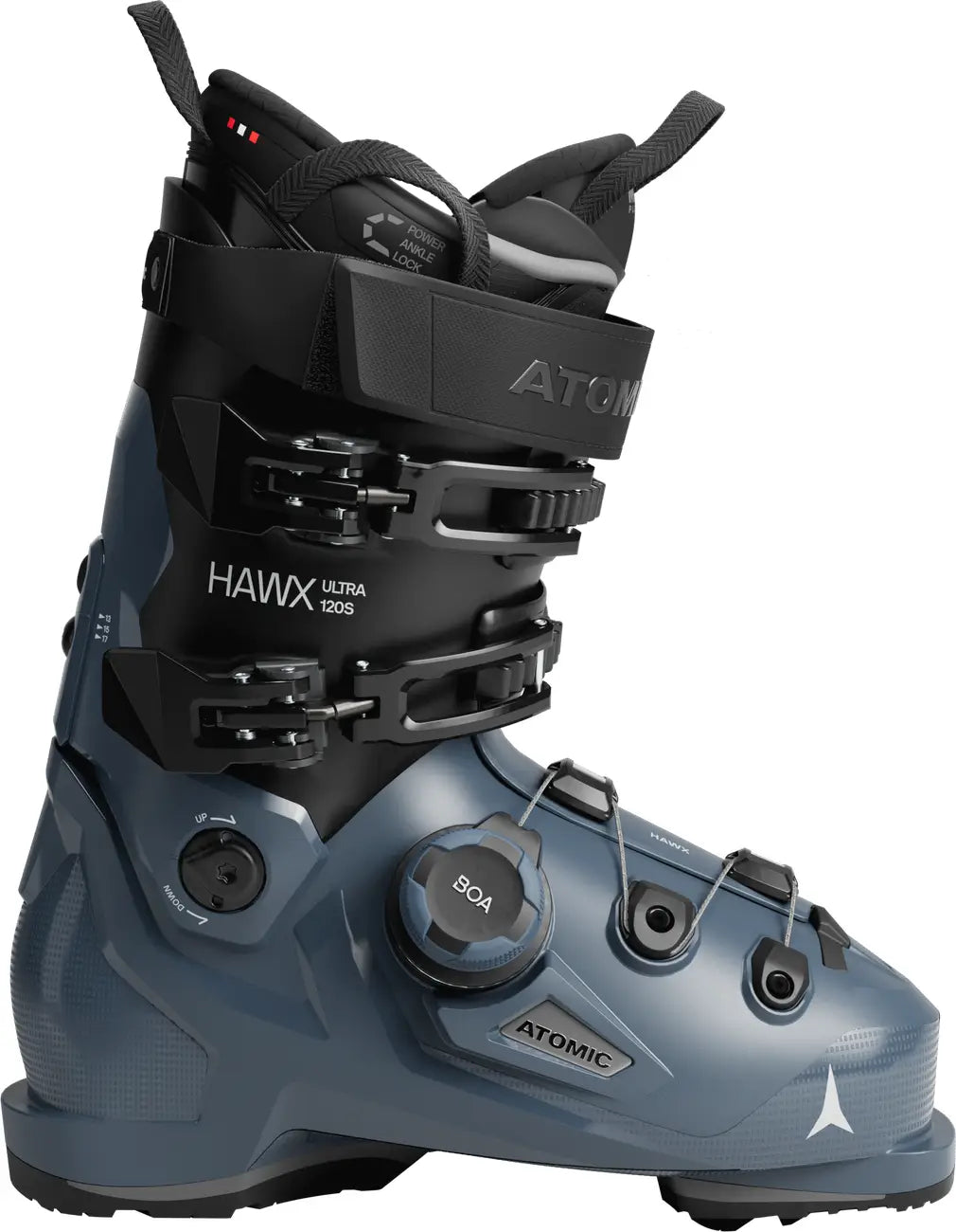 Gray ski boot with black Atomic branding on a white background