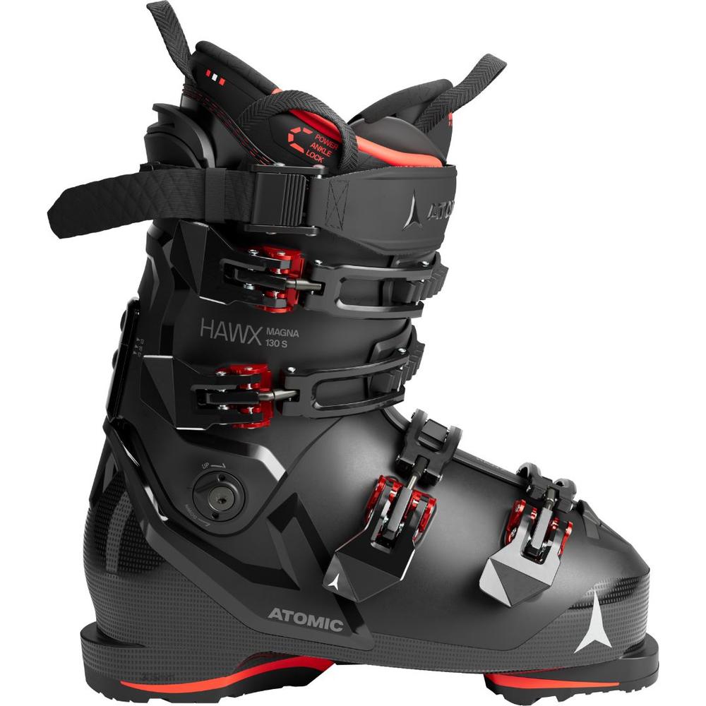 Black and gray ski boot with red accents on a white background