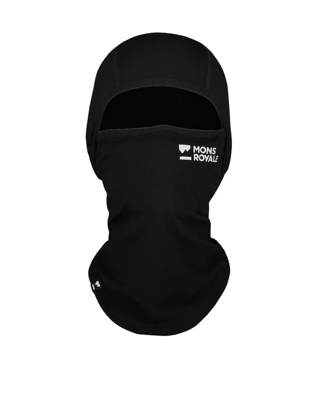 Black balaclava with Mons Royale logo on a white background