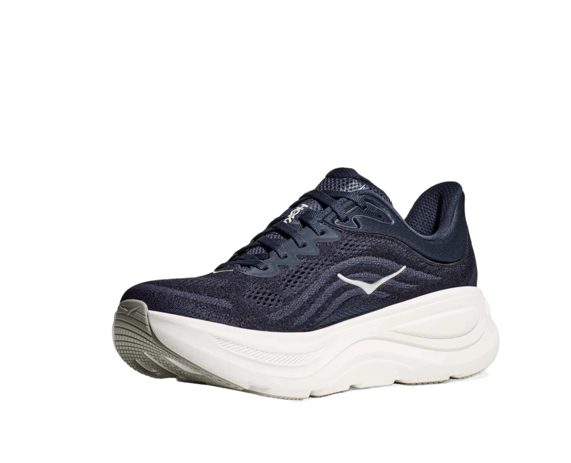 the front outer view of the shoe has just the hoka logo on the navy fabric, with a large white sole