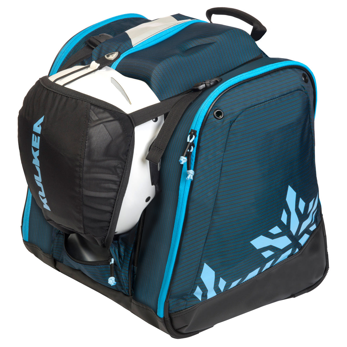 Kulkea boot bag in blue with light blue accents and snowflake designs, tons of compartments, large enough to fit ski boots and most if not all your other ski gear including helmet.