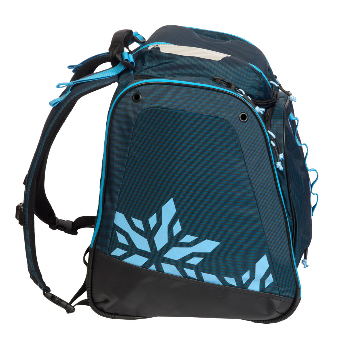 Kulkea boot bag in blue with light blue accents and snowflake designs, tons of compartments, large enough to fit ski boots and most if not all your other ski gear including helmet.