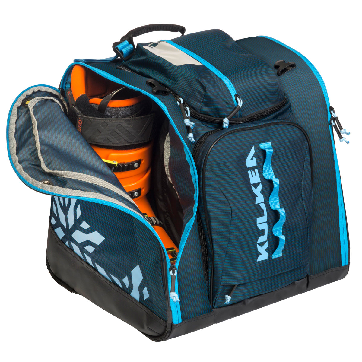 Kulkea boot bag in blue with light blue accents and snowflake designs, tons of compartments, large enough to fit ski boots and most if not all your other ski gear including helmet.