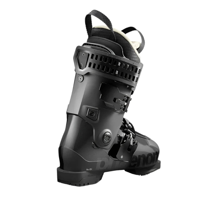 All black Phaenom Ski boot. It has a black strap, two buckles, and the word Phaenom written across the bottom.