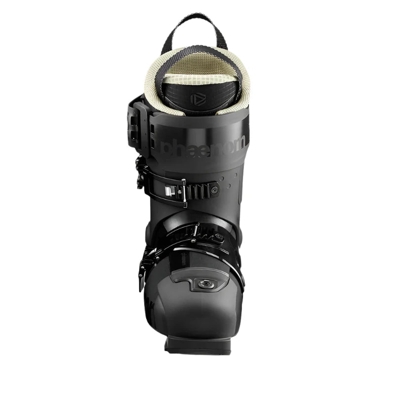 A front angle of the Freestyle 100 ski boot. ALl black with a light beige liner.