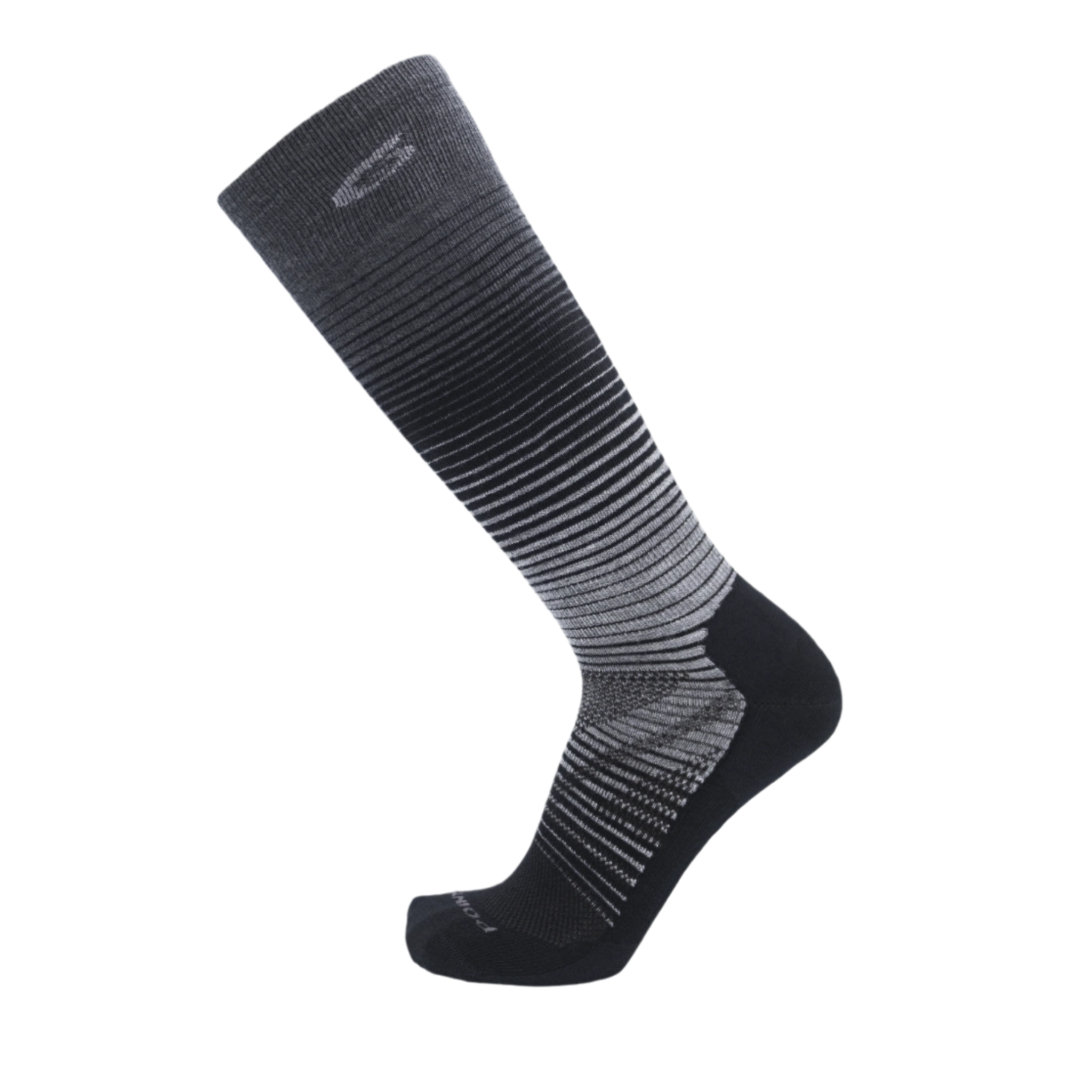 A black and grey striped ski sock with black accent on the sole of the foot.
